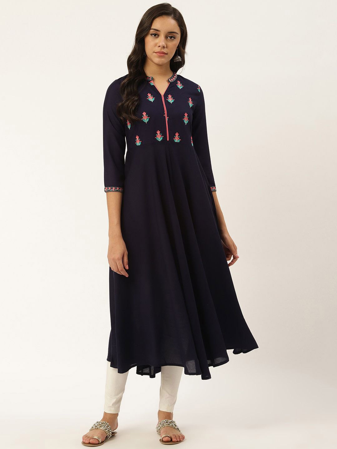 

Anouk Navy Blue Floral Embroidered Mandarin Collar A-Line Kurta
