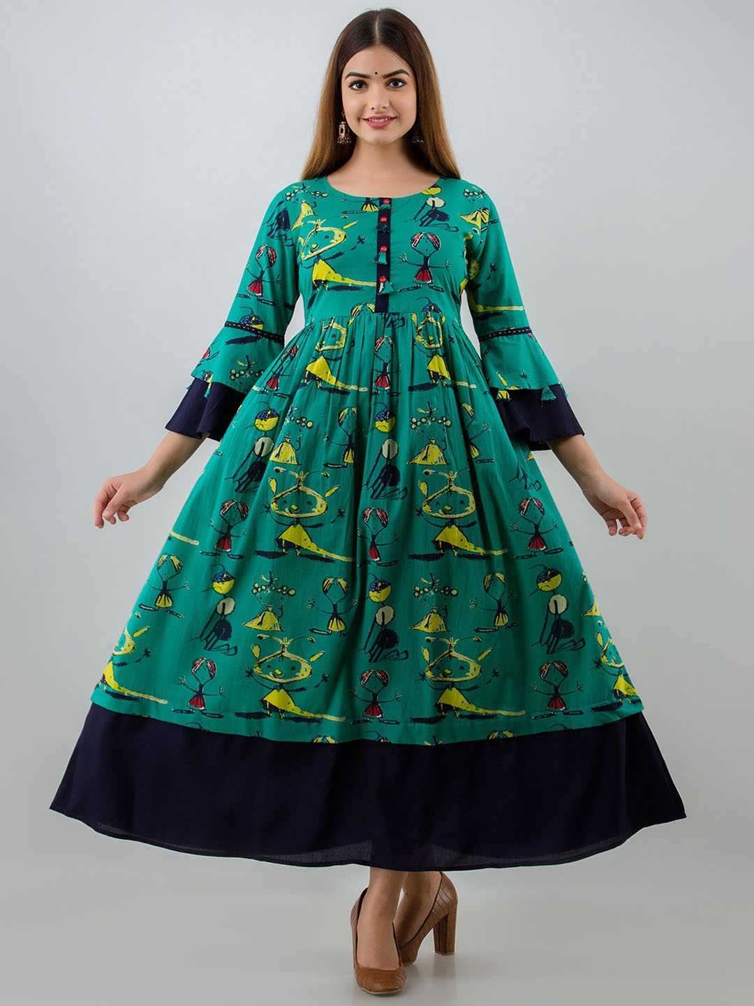 

Anouk Green Ethnic Motifs Printed Bell Sleeves Pure Cotton Anarkali Kurta