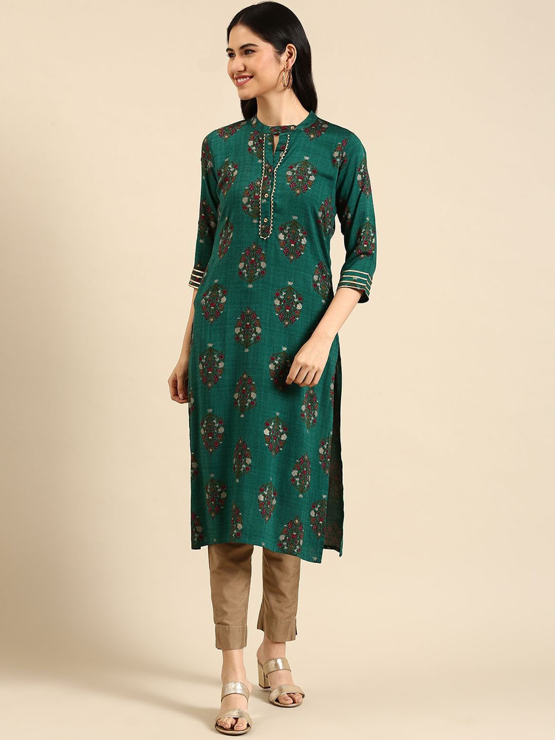 

Anouk Green Floral Printed Keyhole Neck Pure Cotton Straight Kurta