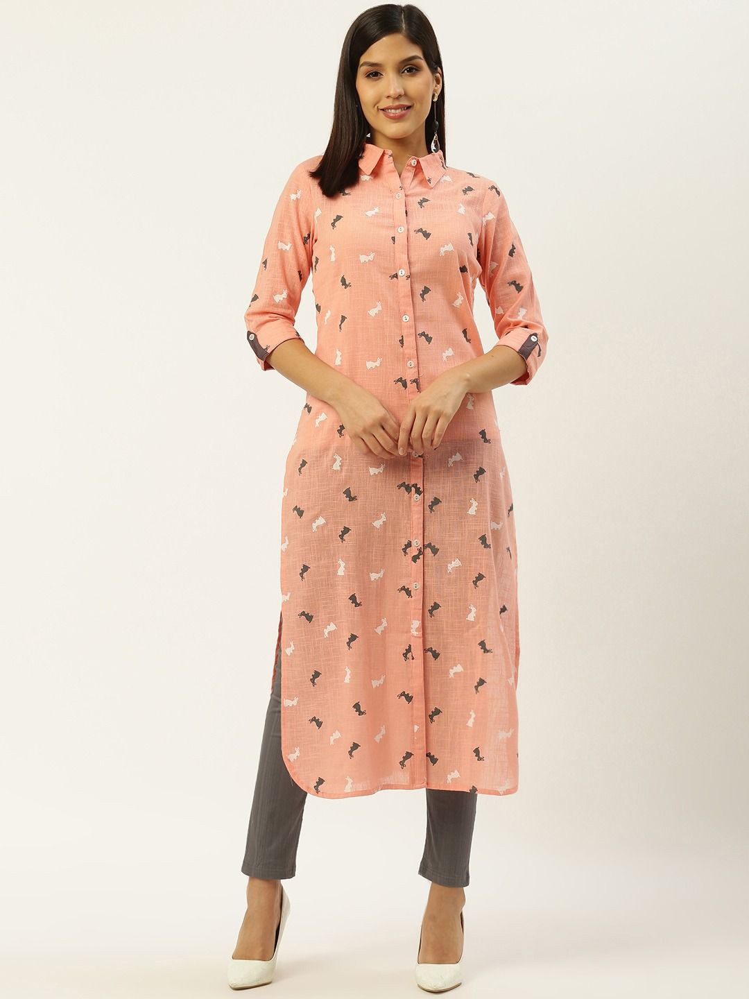 

Anouk Pink Printed Shirt Collar Straight Kurta