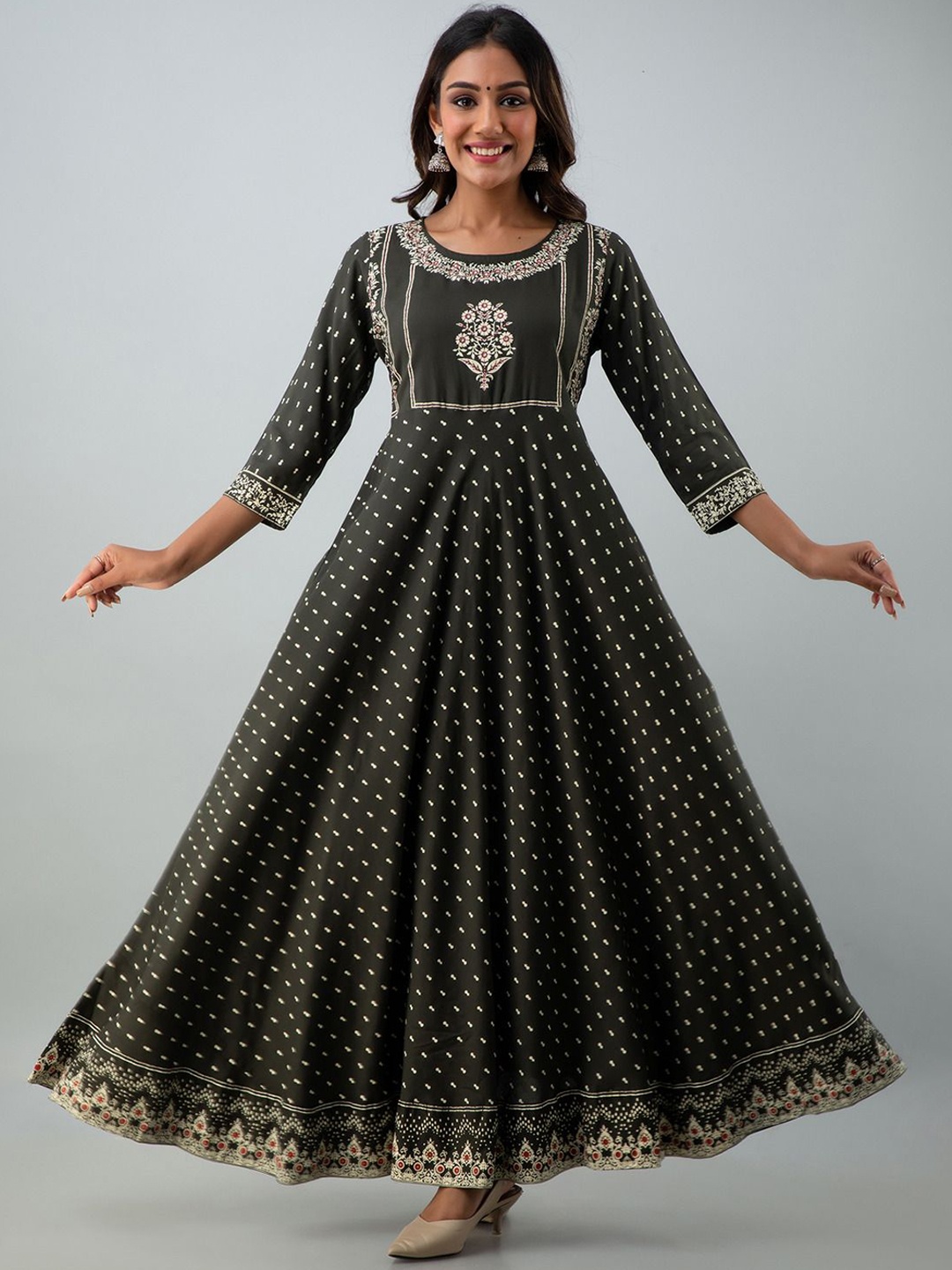 

Anouk Green Floral Printed Thread Work Anarkali Kurta