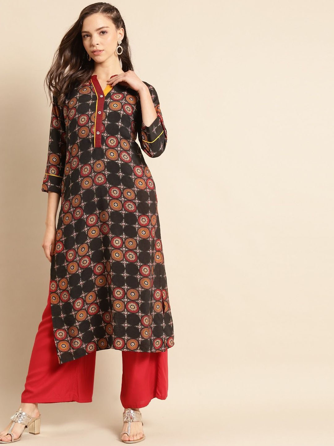 

Anouk Green Ethnic Motifs Printed Mandarin Collar Pure Cotton Straight Kurta