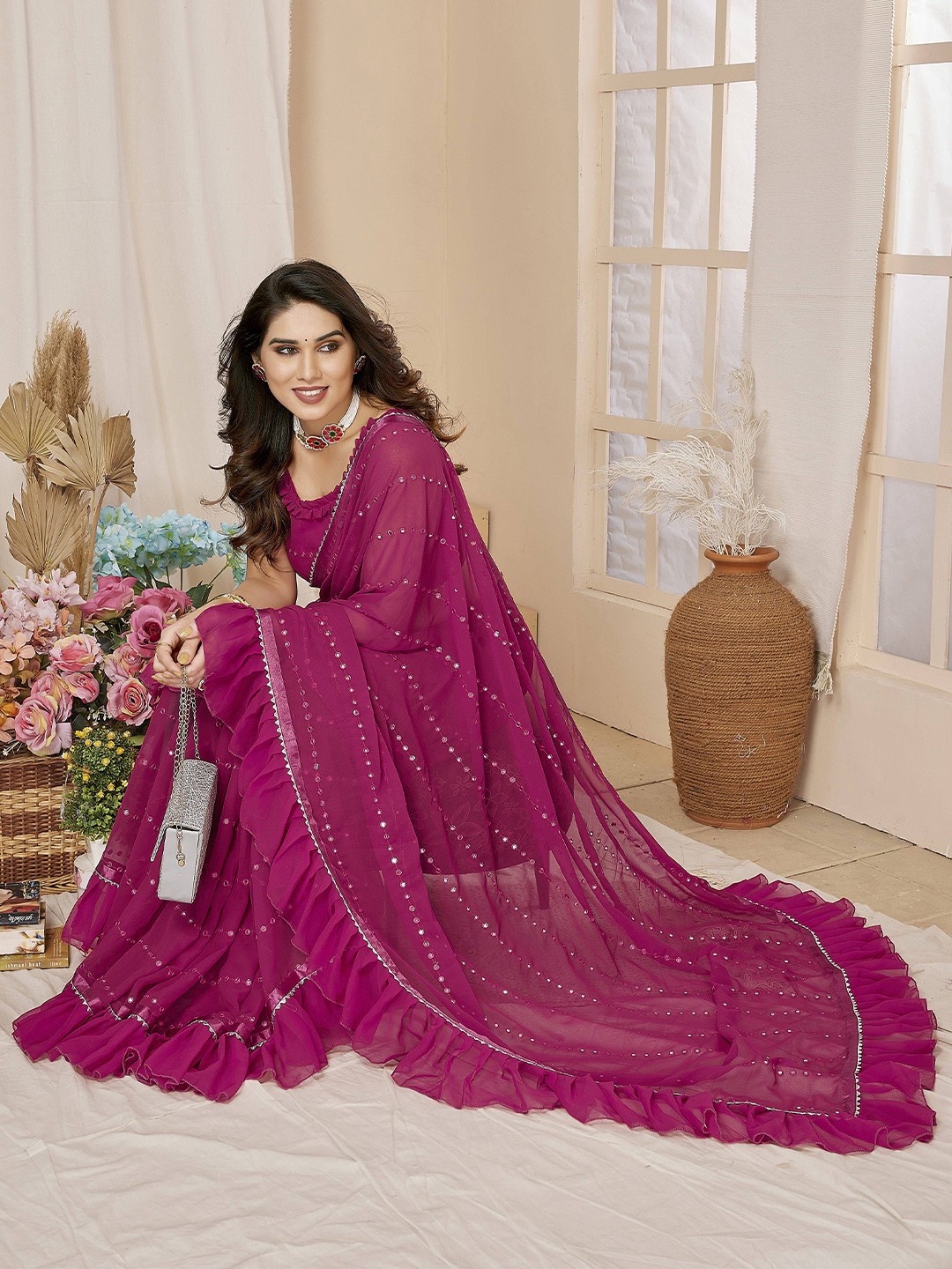 

KAZIA Embellished Mirror Work Pure Georgette Arani Saree, Pink