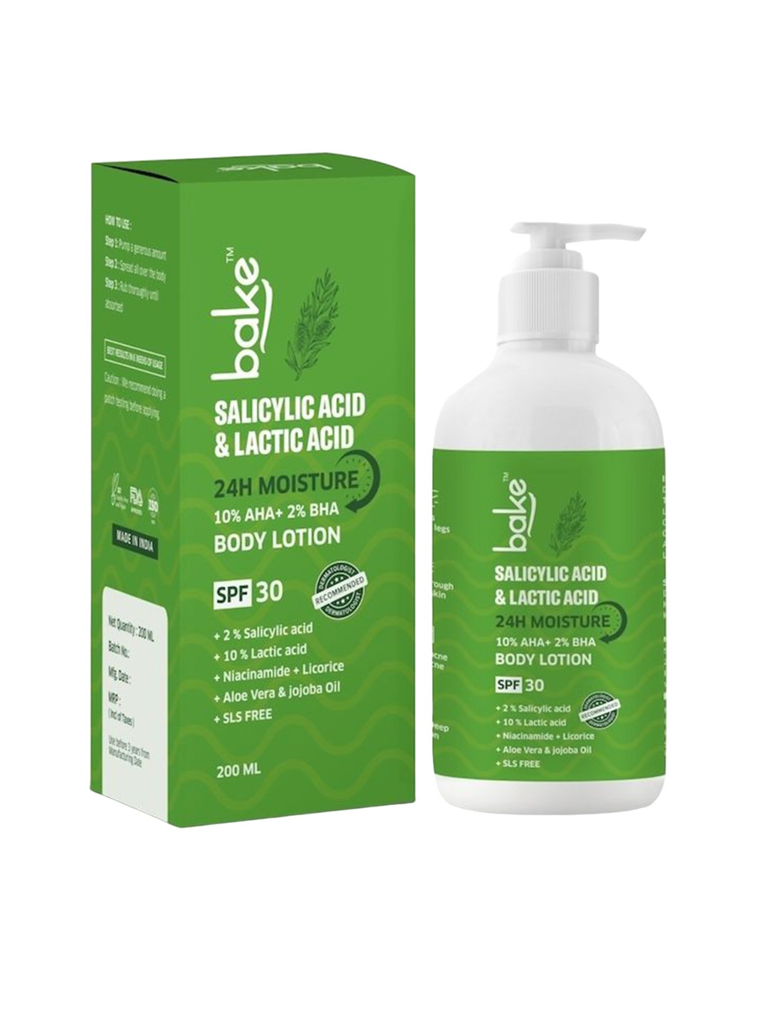 

BAKE 10% AHA + 2% BHA Body Lotion SPF 30 PA+++ for Body Acne & Strawberry Skin - 200ml, Green