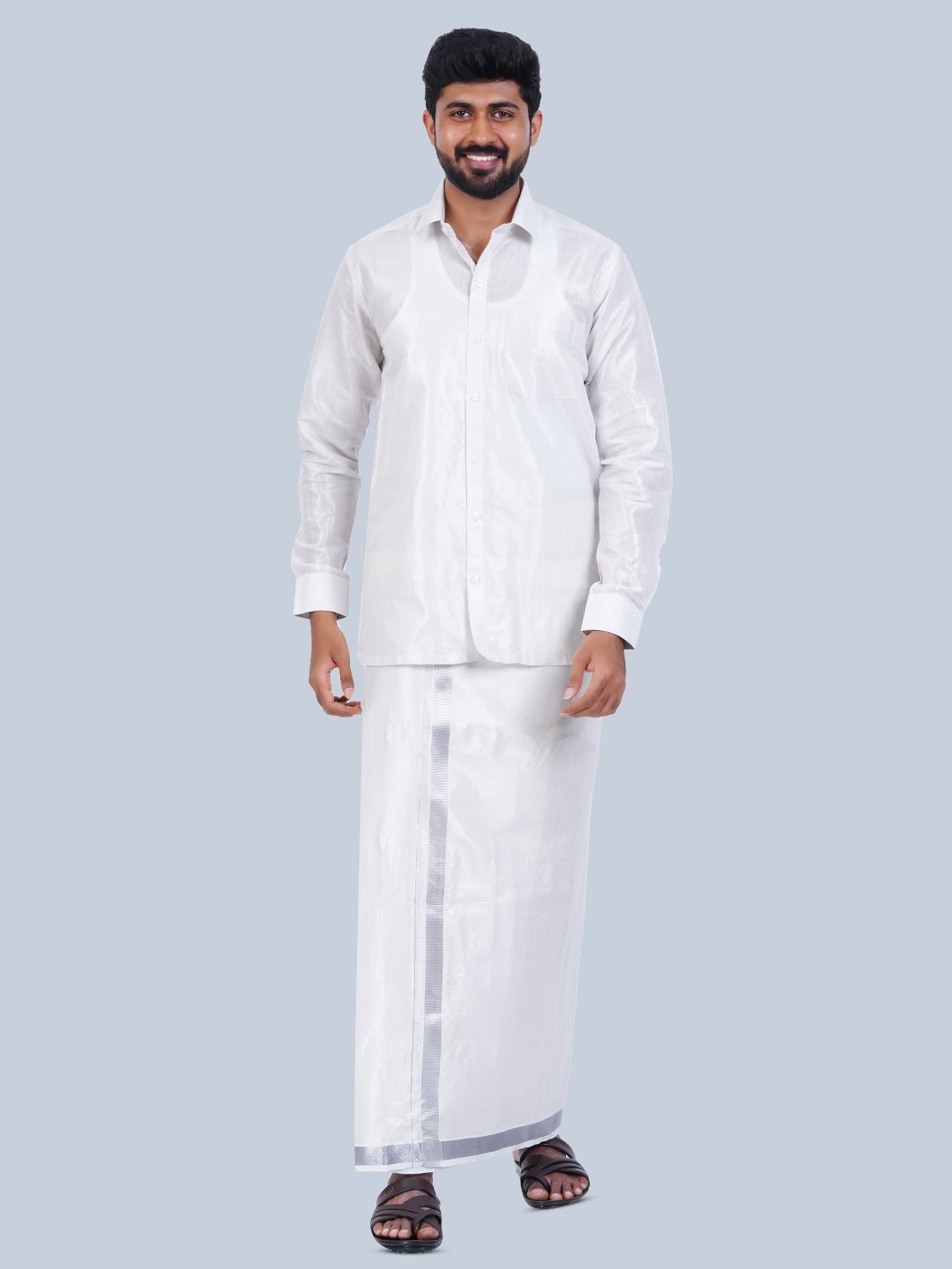 

THANGAMAGAN Long Sleeves Shirt with Veshti, White