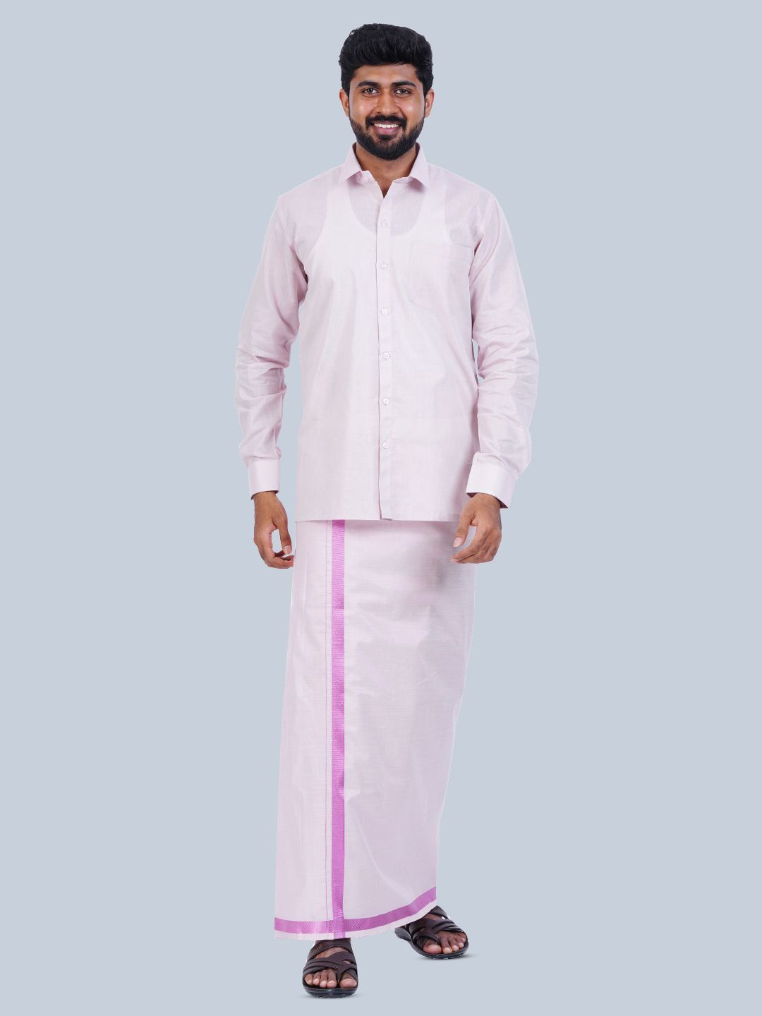 

THANGAMAGAN Long Sleeves Shirt with Veshti, Pink