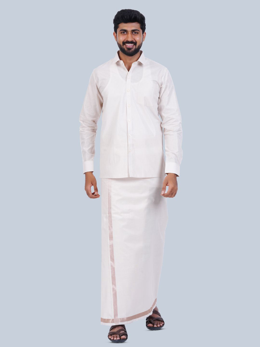 

THANGAMAGAN Long Sleeves Ethnic Shirt With Veshti, Rose gold