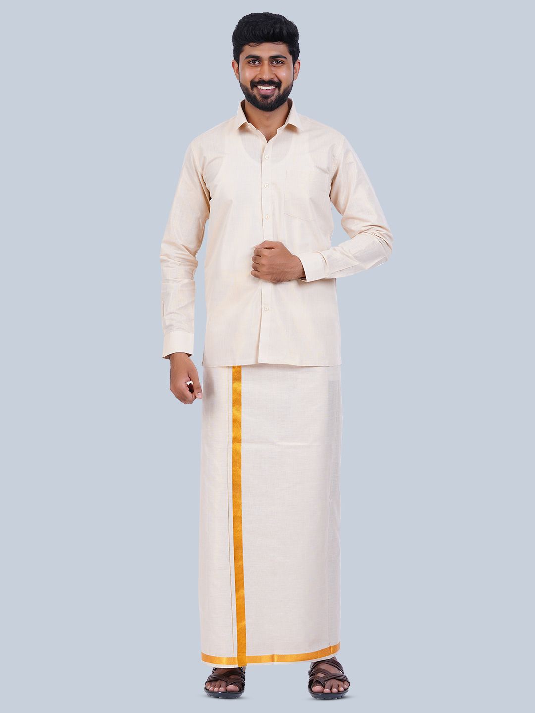 

THANGAMAGAN Long Sleeves Ethnic Shirt With Veshti, Gold