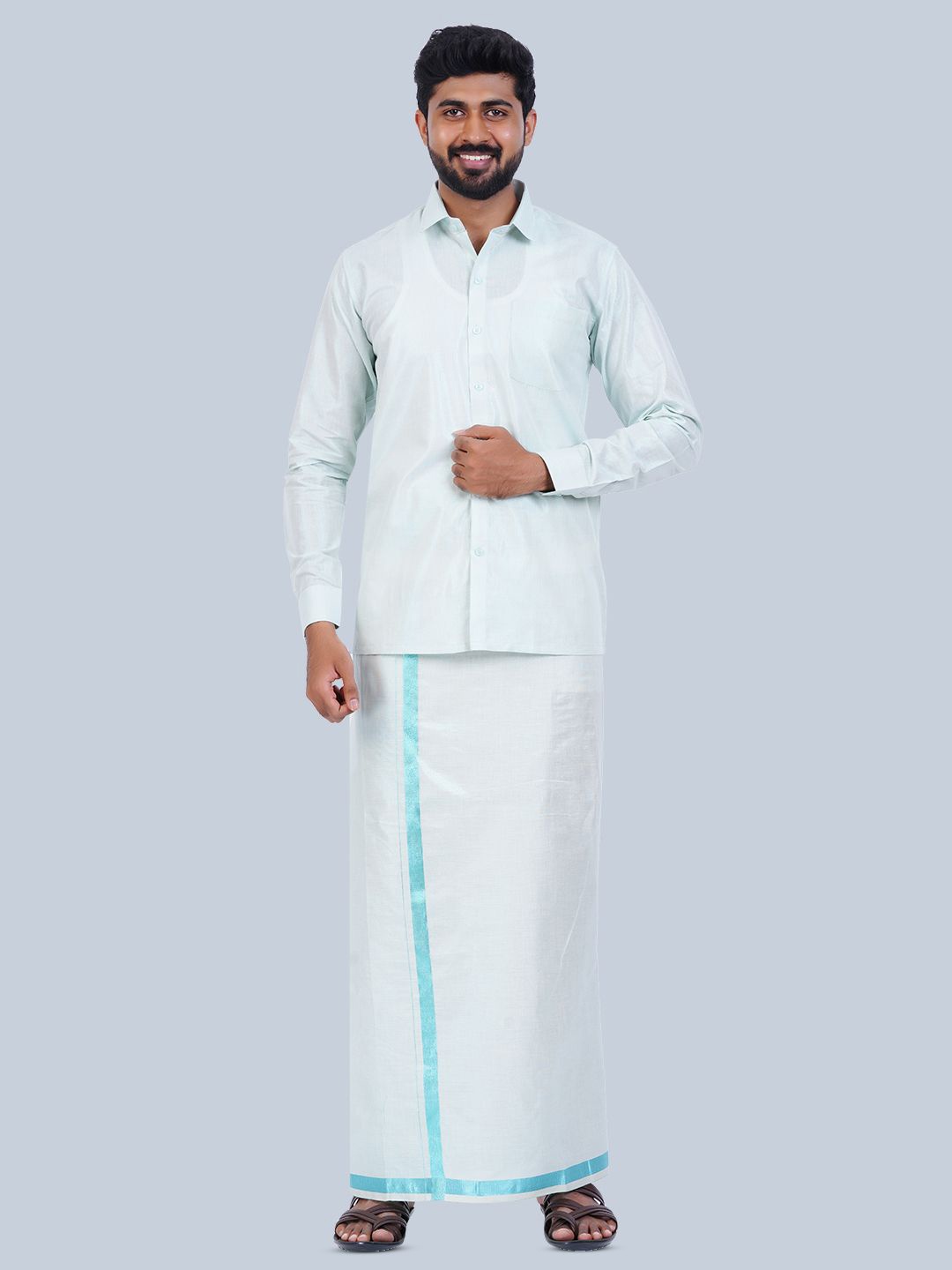 

THANGAMAGAN Long Sleeves Ethnic Shirt With Veshti, Blue
