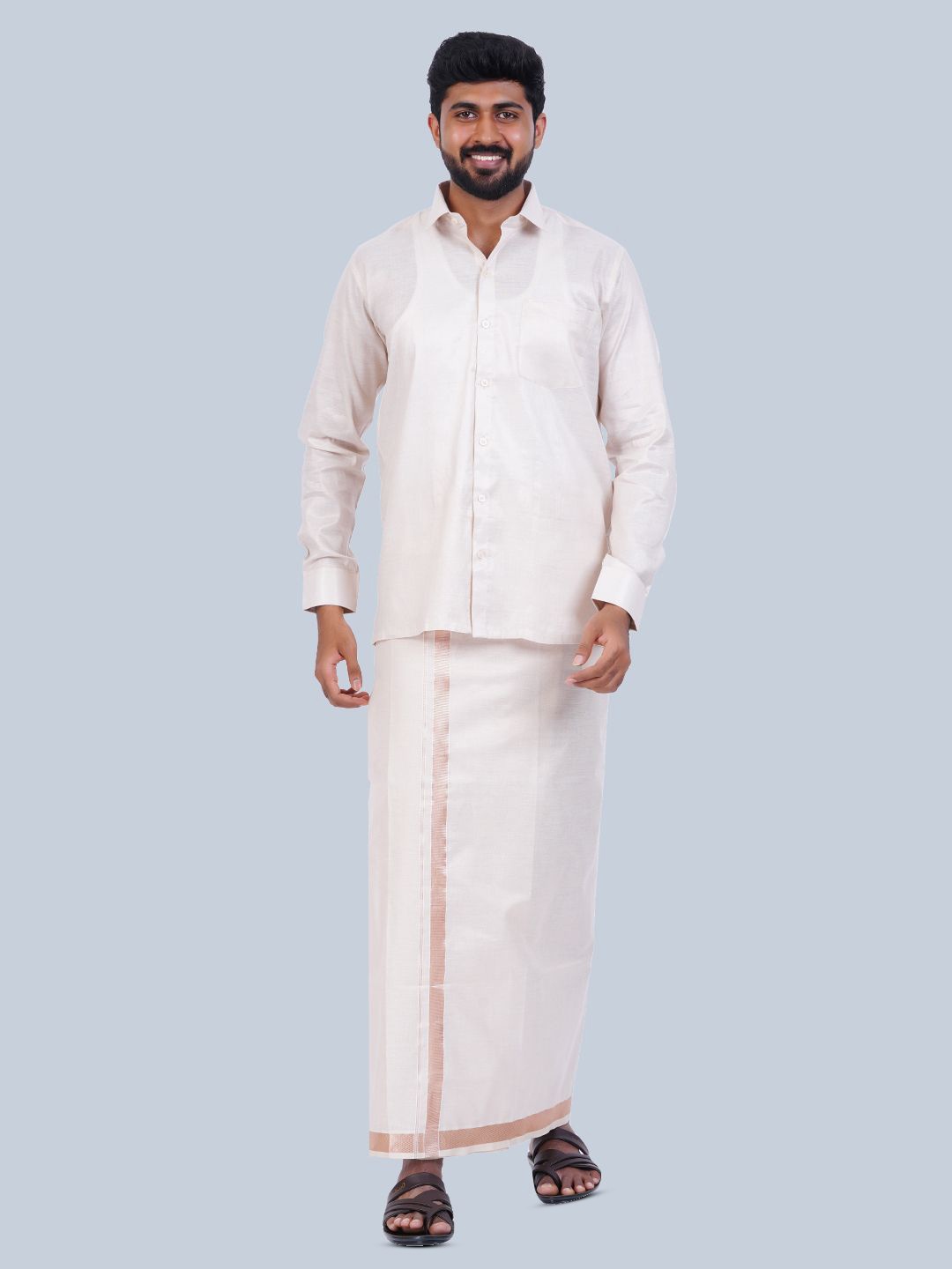 

THANGAMAGAN Long Sleeves Ethnic Shirt With Veshti, Orange