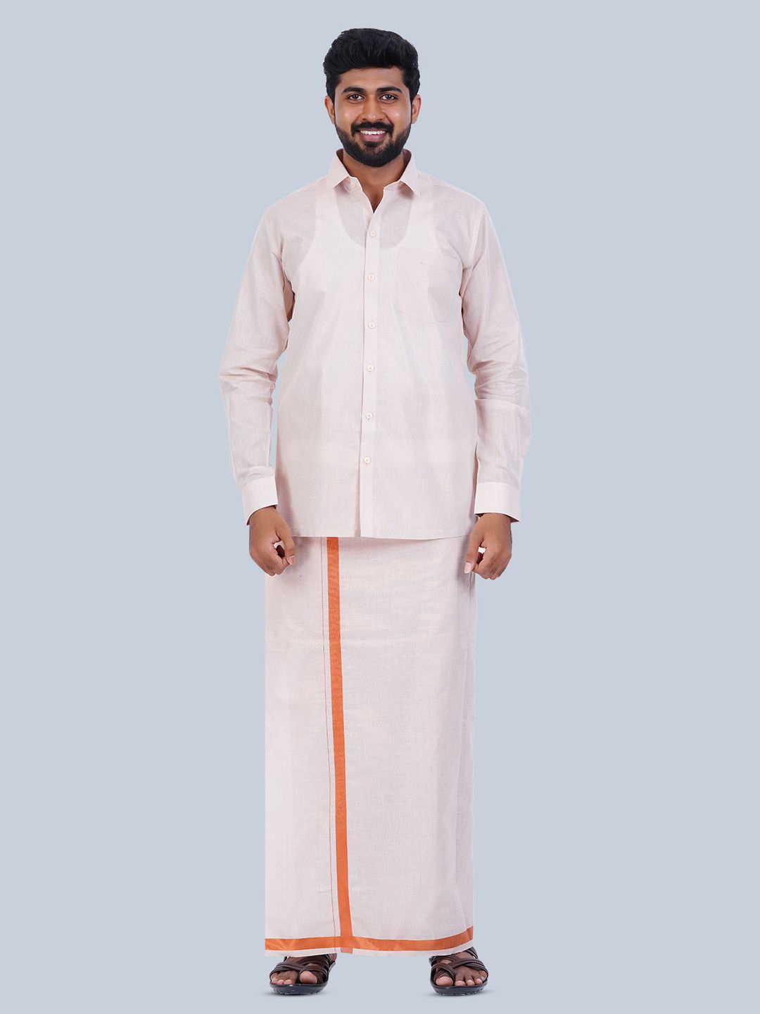 

THANGAMAGAN Long Sleeves Ethnic Shirt With Veshti, Copper