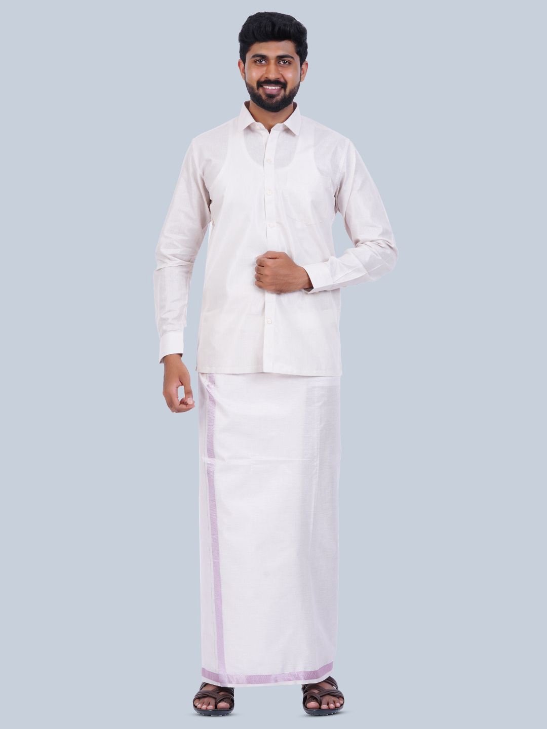 

THANGAMAGAN Long Sleeves Shirt with Veshti, White