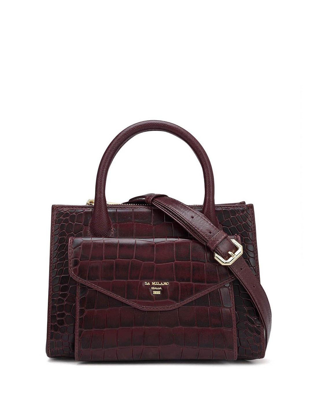 

Da Milano Animal Textured Leather Structured Satchel with Applique, Burgundy