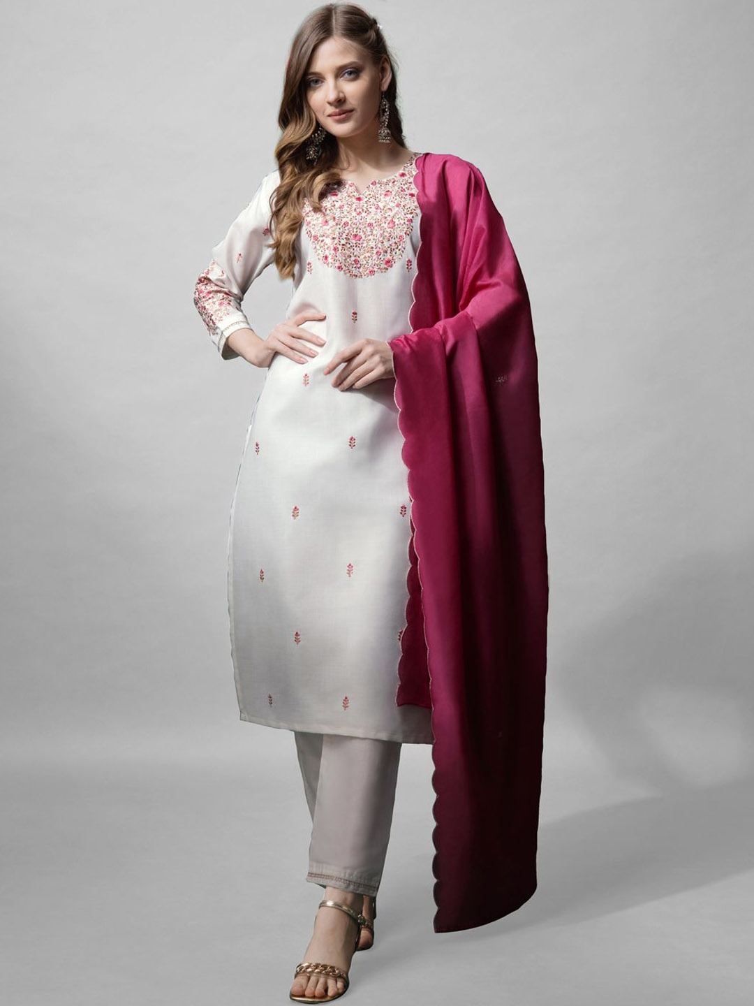 

BAPS Floral Embroidered Pure Cotton Straight Kurta with Trousers & Dupatta, Grey