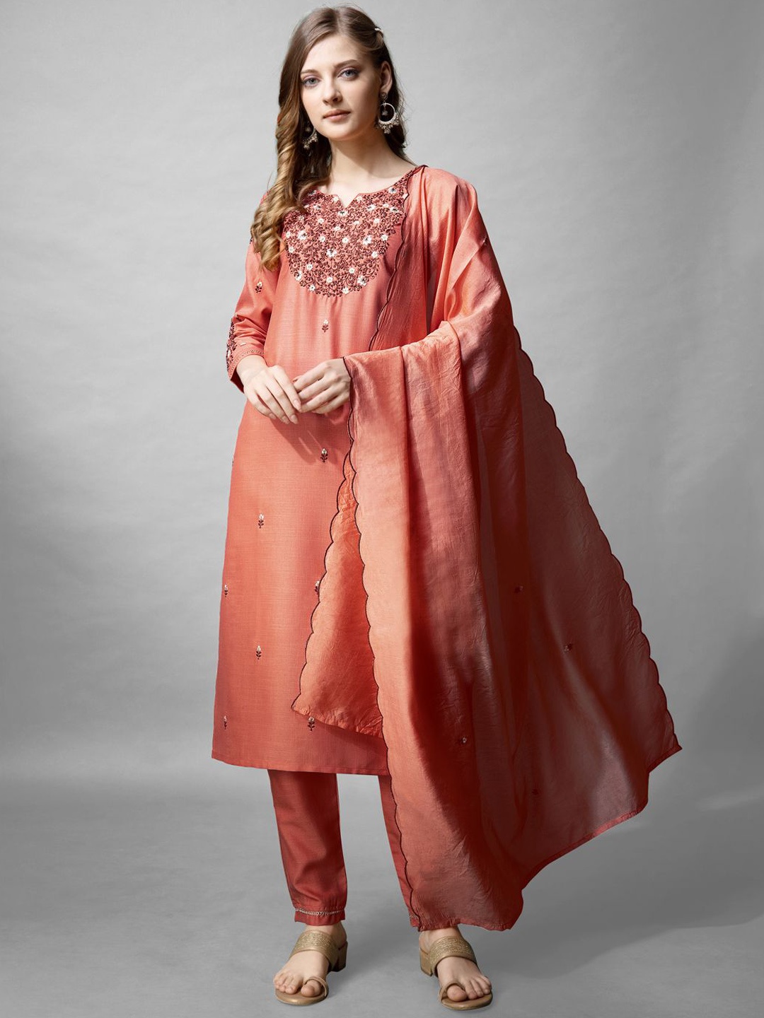 

BAPS Floral Embroidered Pure Cotton Straight Kurta with Trousers & Dupatta, Coral