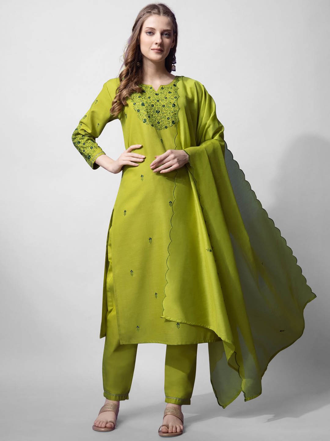 

BAPS Floral Yoke Design Thread Work Pure Cotton Straight Kurta with Trousers & Dupatta, Lime green