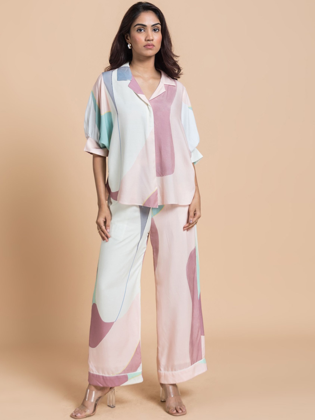 

Vedika M Abstract Printed Shirt & Trousers, Pink