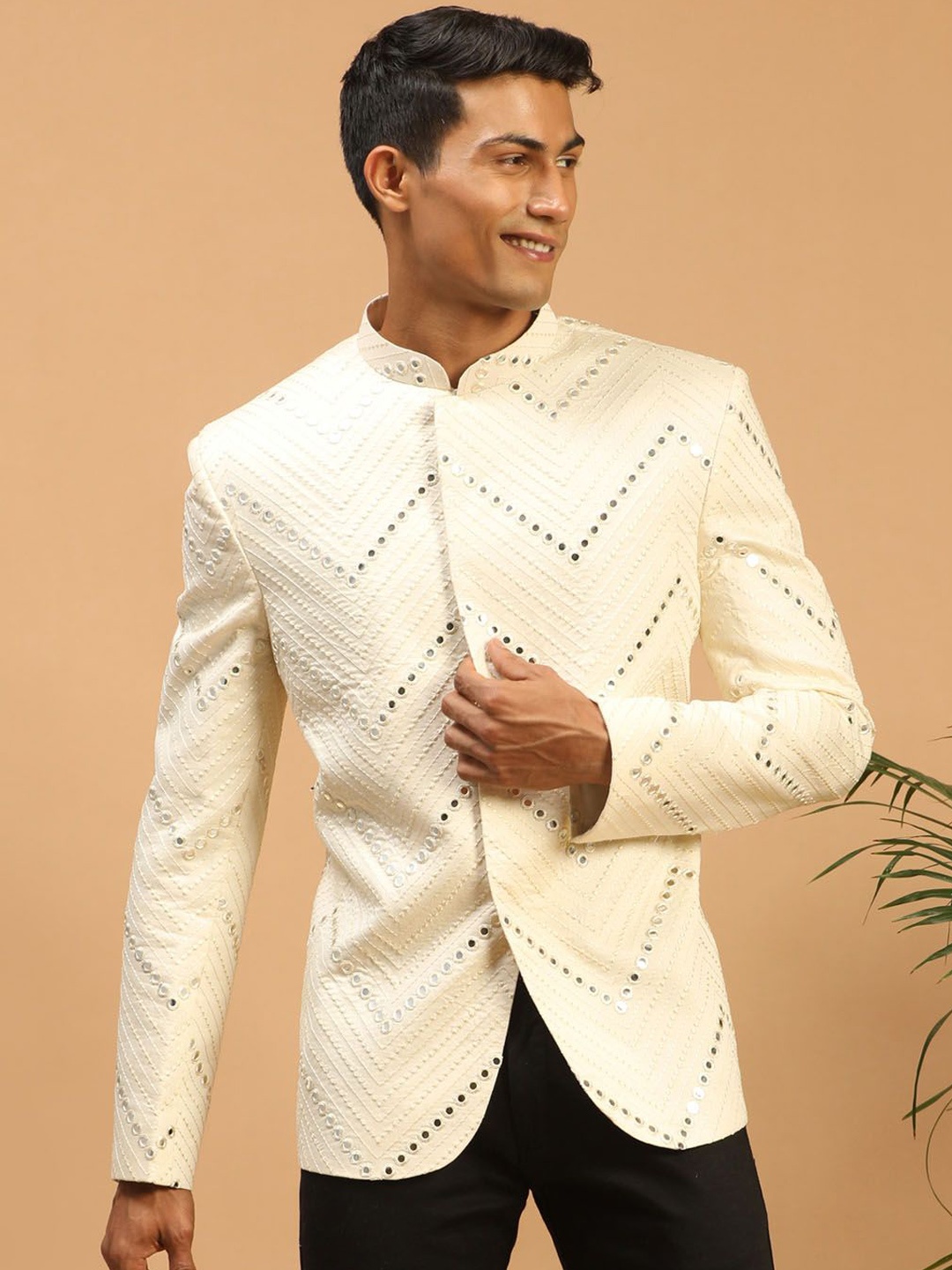 

VASTRAMAY Slim Fit Mandarin Collar Bandhgala Jodhpuri Blazers, Cream