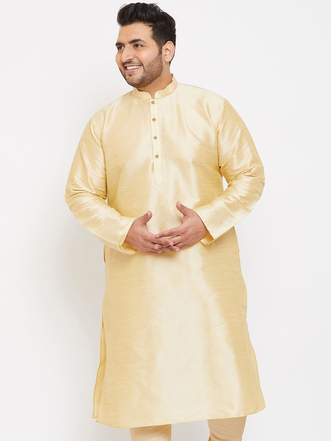 

VASTRAMAY Plus Size Mandarin Collar Straight Kurta, Gold