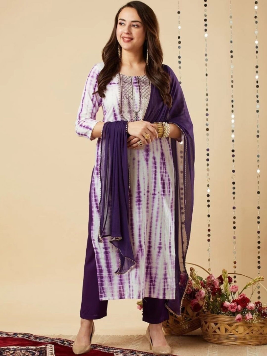 

MILAAV Abstract Printed Sequinned Straight Kurta with Trousers & Dupatta, White