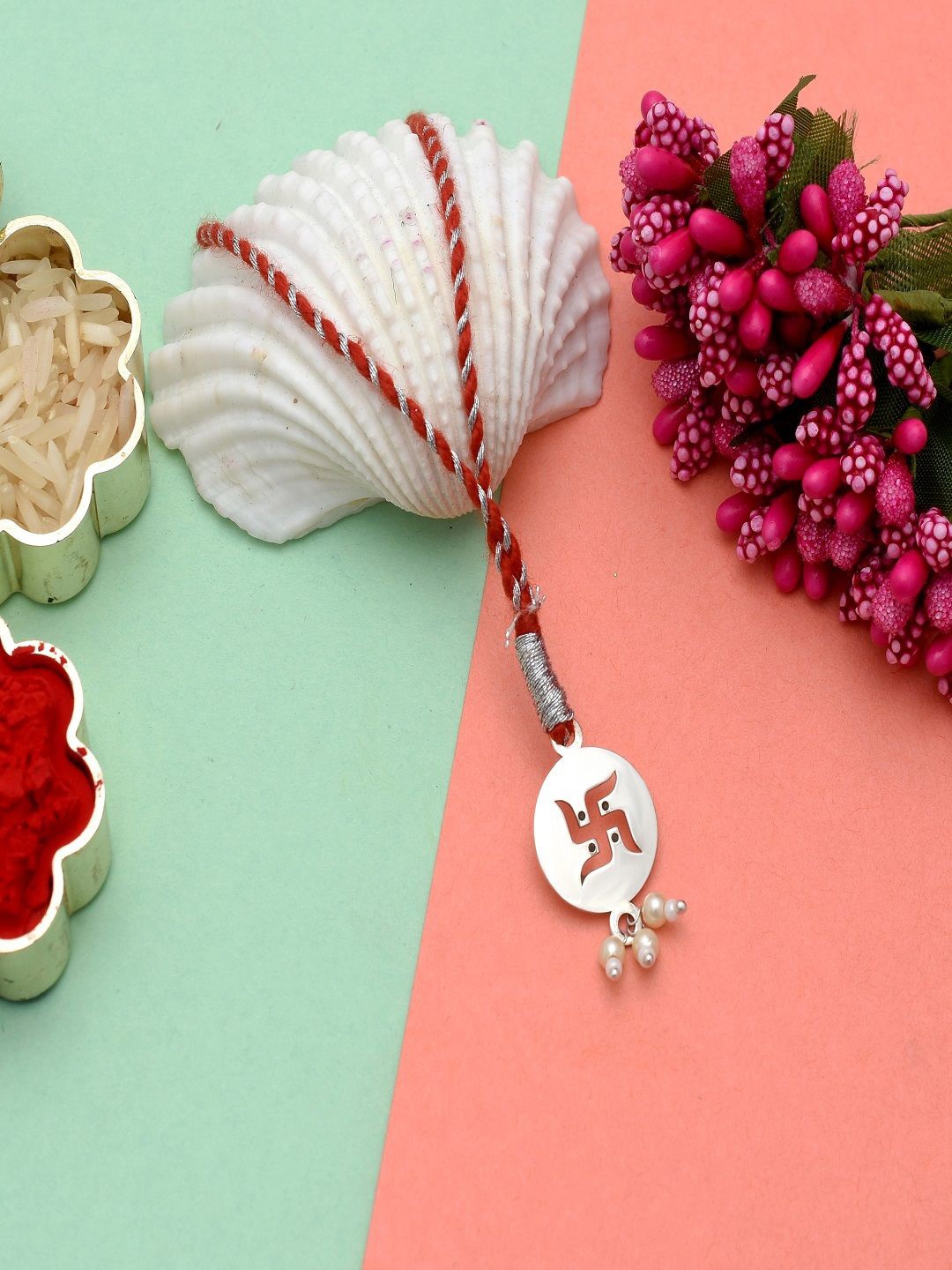 

Abhooshan 92.5 Sterling Silver Swastik Rakhi With Roli Chawal, Red