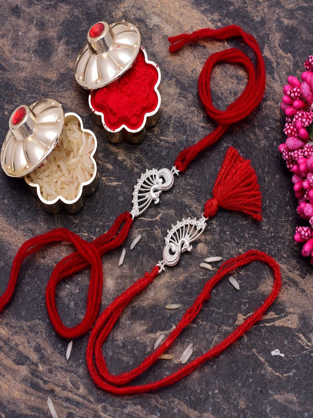 

Abhooshan Set of 2 Peacock Thread Rakhi With Roli Chawal, Silver