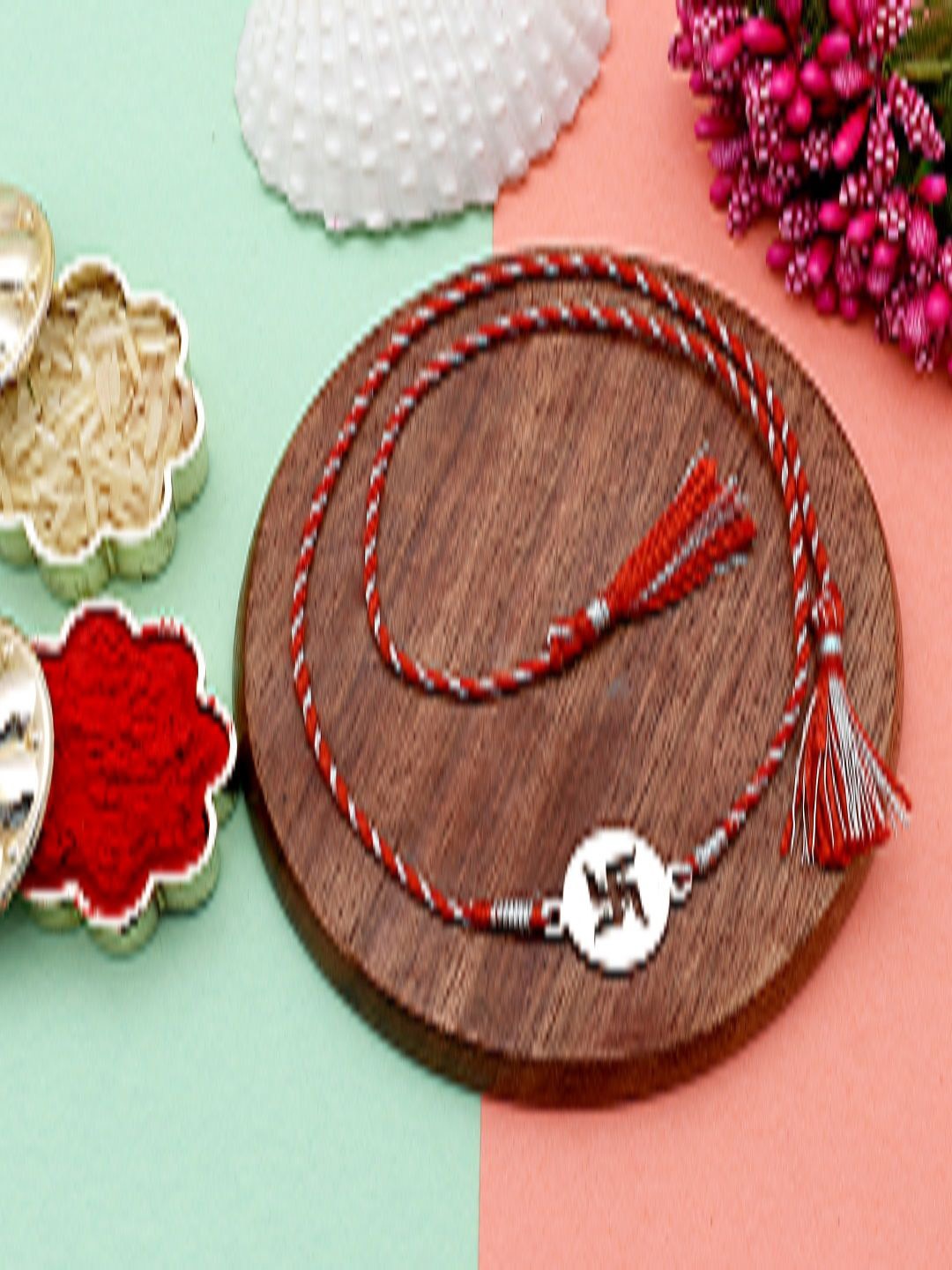 

Abhooshan 92.5 Sterling Silver Swastik Thread Rakhi, Red