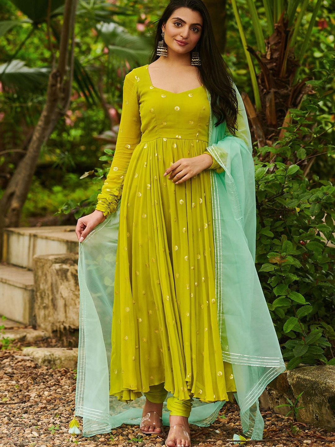 

Bullion Knot Anarkali Georgette Kurta with Trousers & With Dupatta, Lime green