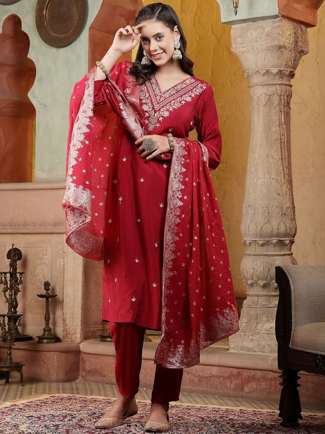 

Stylum Pink Floral Embroidered Sequinned Regular Kurta with Trousers & Dupatta