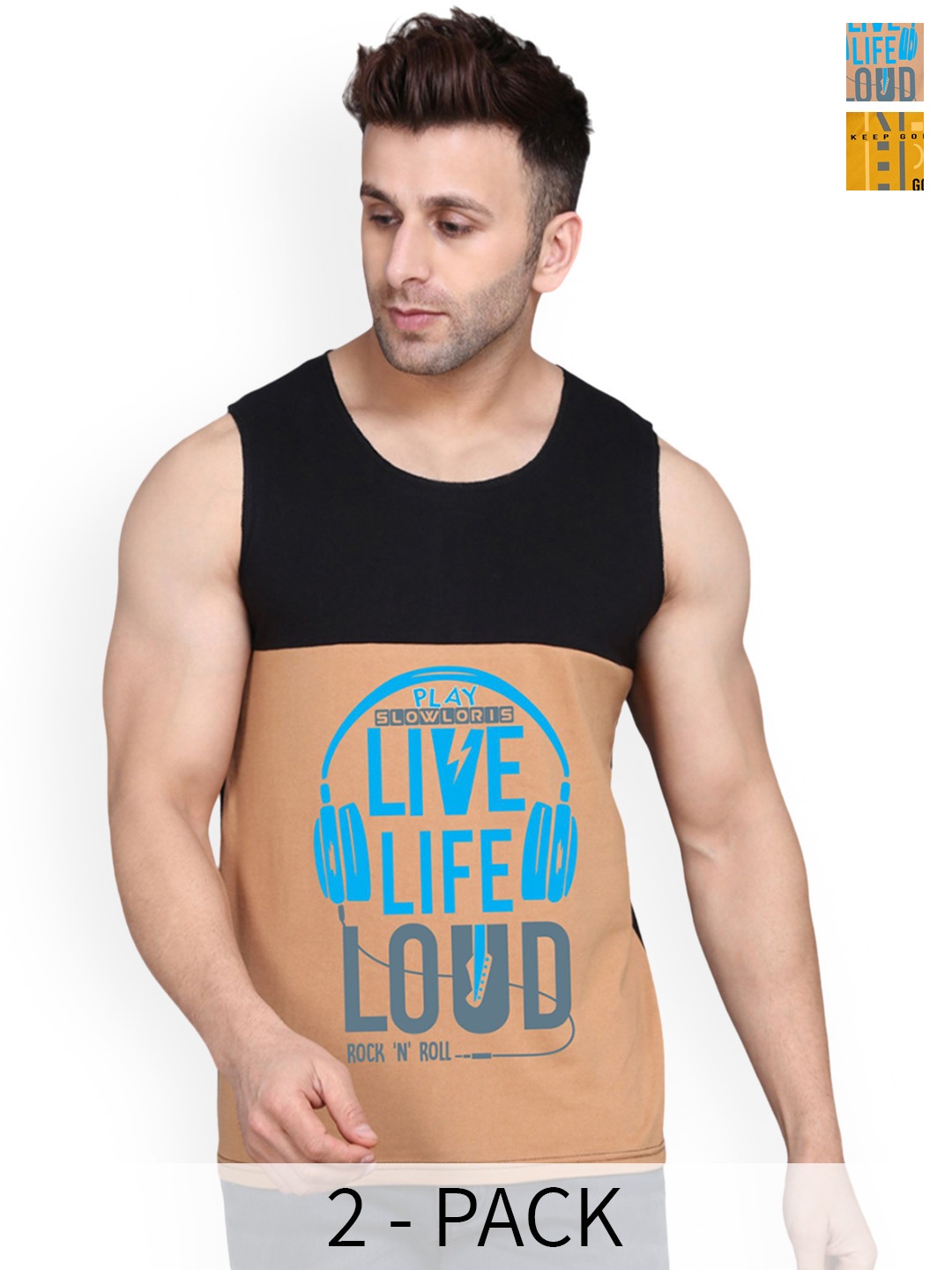 

SLOWLORIS Men Pack Of 2 Printed Cotton Vests- SL26 COMBO (LOUD BLKRST) (KEEP MUSTARD), Black