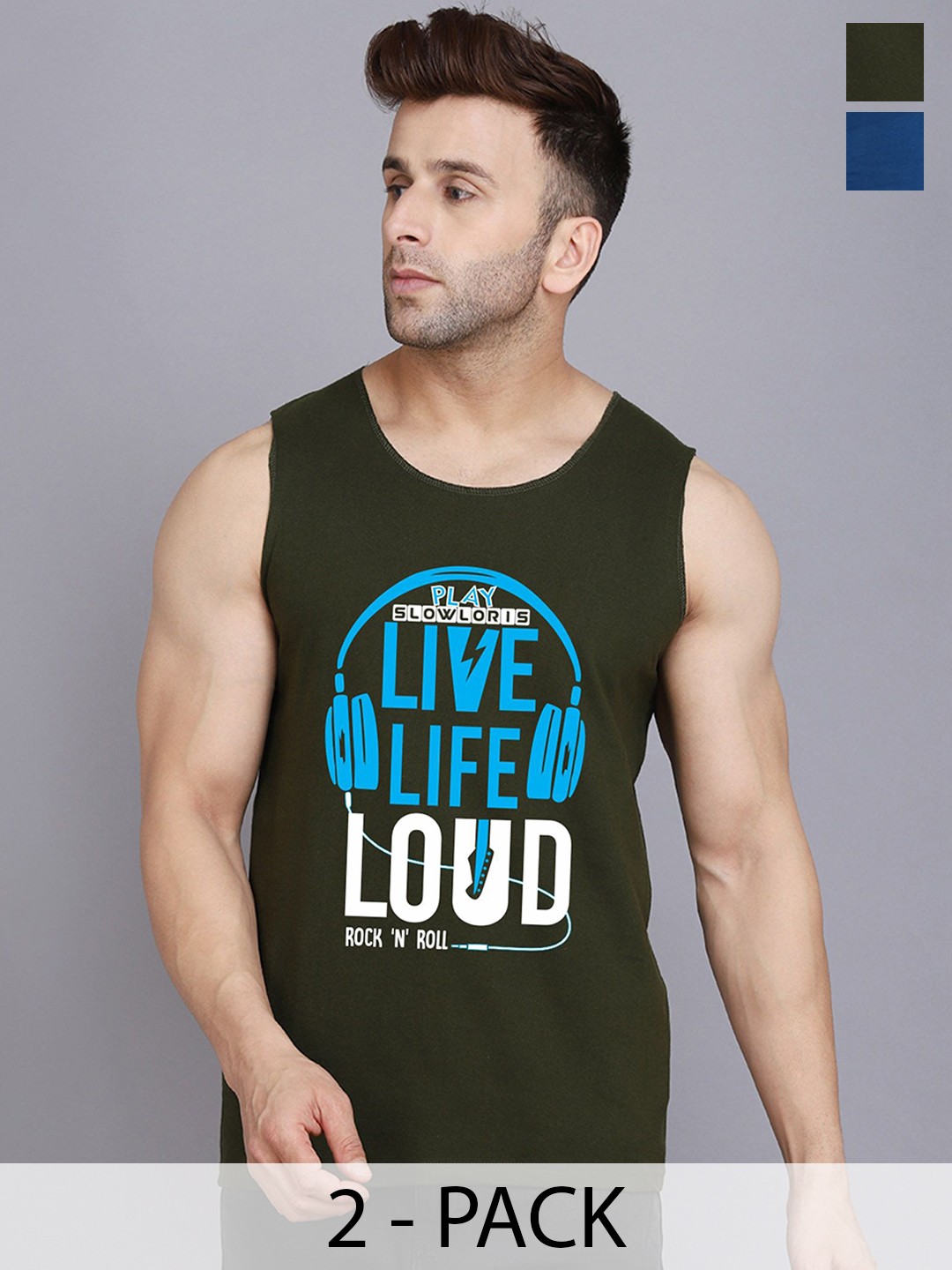 

SLOWLORIS Men Pack Of 2 Printed Innerwear Vests, Olive