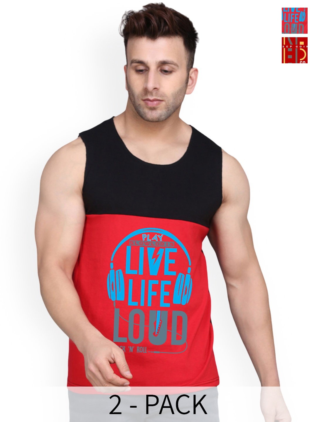 

SLOWLORIS Men Pack Of 2 Printed Cotton Innerwear Vests, Red