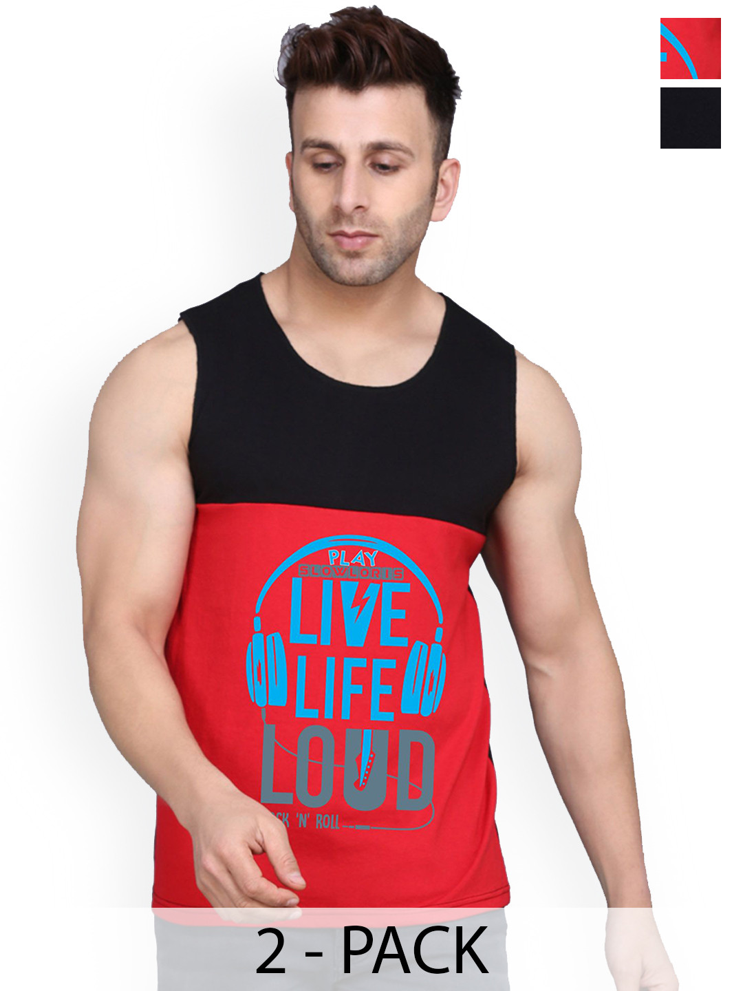 

SLOWLORIS Pack Of 2 Printed Innerwear Vests, Black