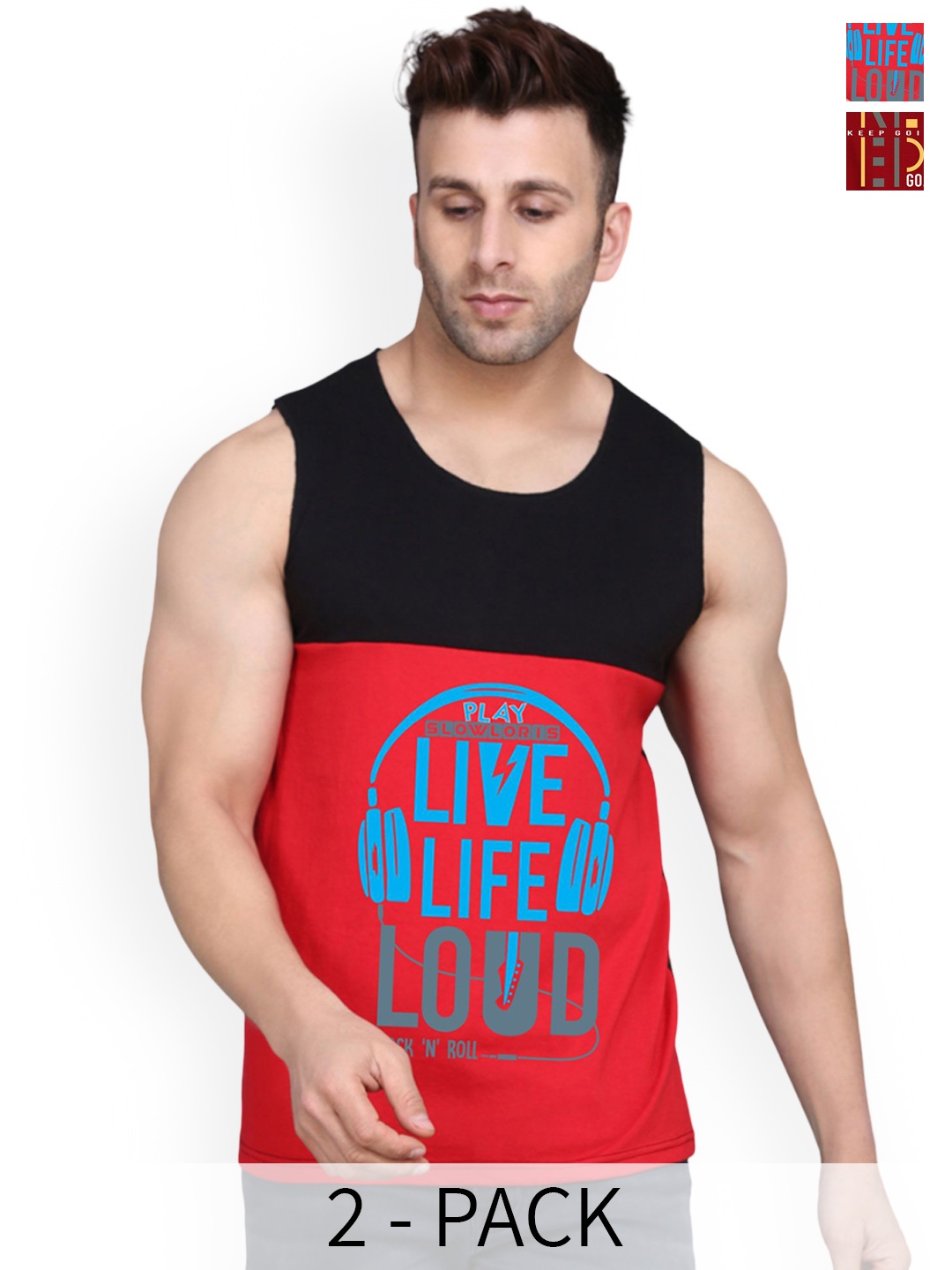 

SLOWLORIS Pack Of 2 Printed Innerwear Vests SL26 COMBO (LOUD BLKRED) (KEEP MAROON), Black
