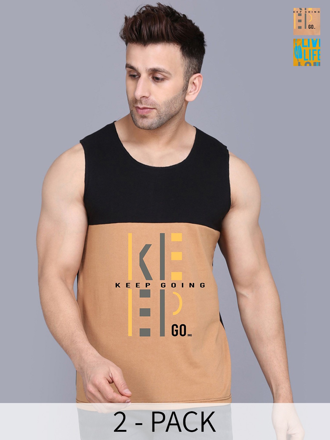 

SLOWLORIS Men Pack Of 2 Printed Cotton Innerwear Vests, Mustard