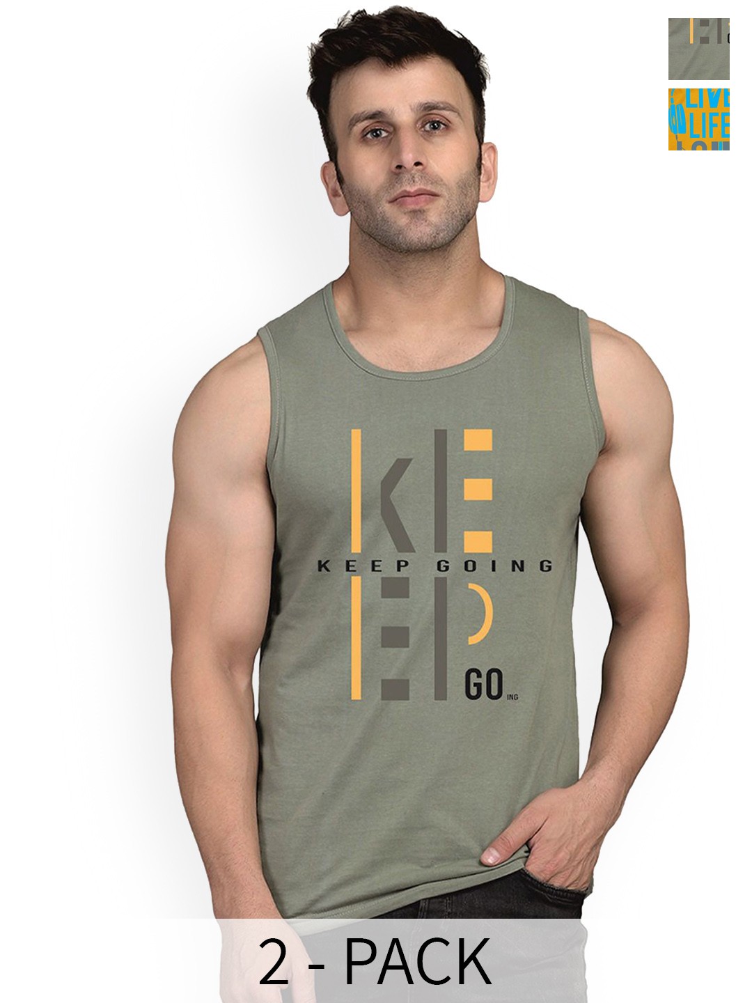 

SLOWLORIS Men Pack Of 2 Printed Cotton Innerwear Vests, Mustard