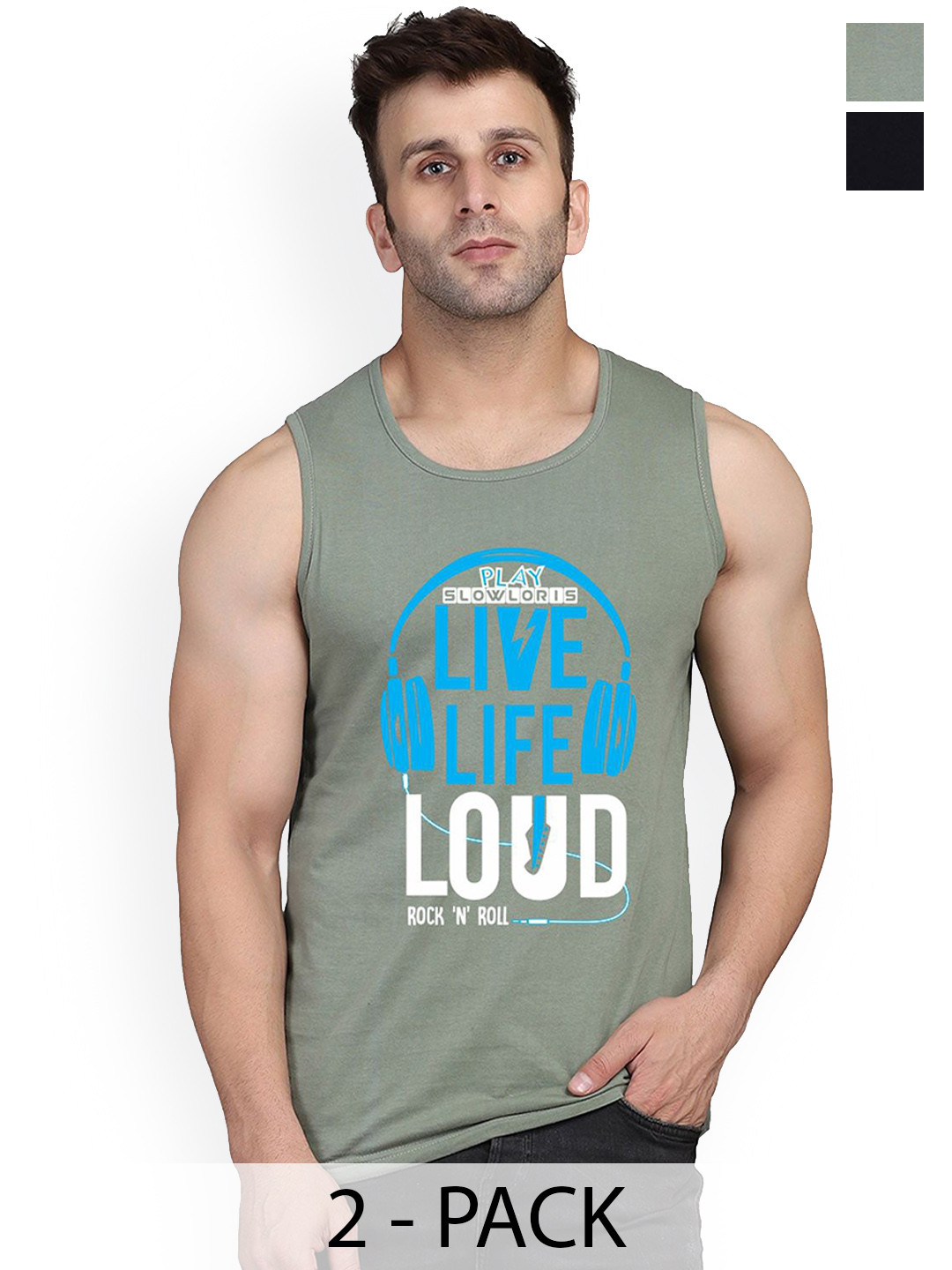

SLOWLORIS Pack Of 2 Printed Cotton Vests- SL26 COMBO (LOUD LGTGREEN) (KEEP BLACK), Green