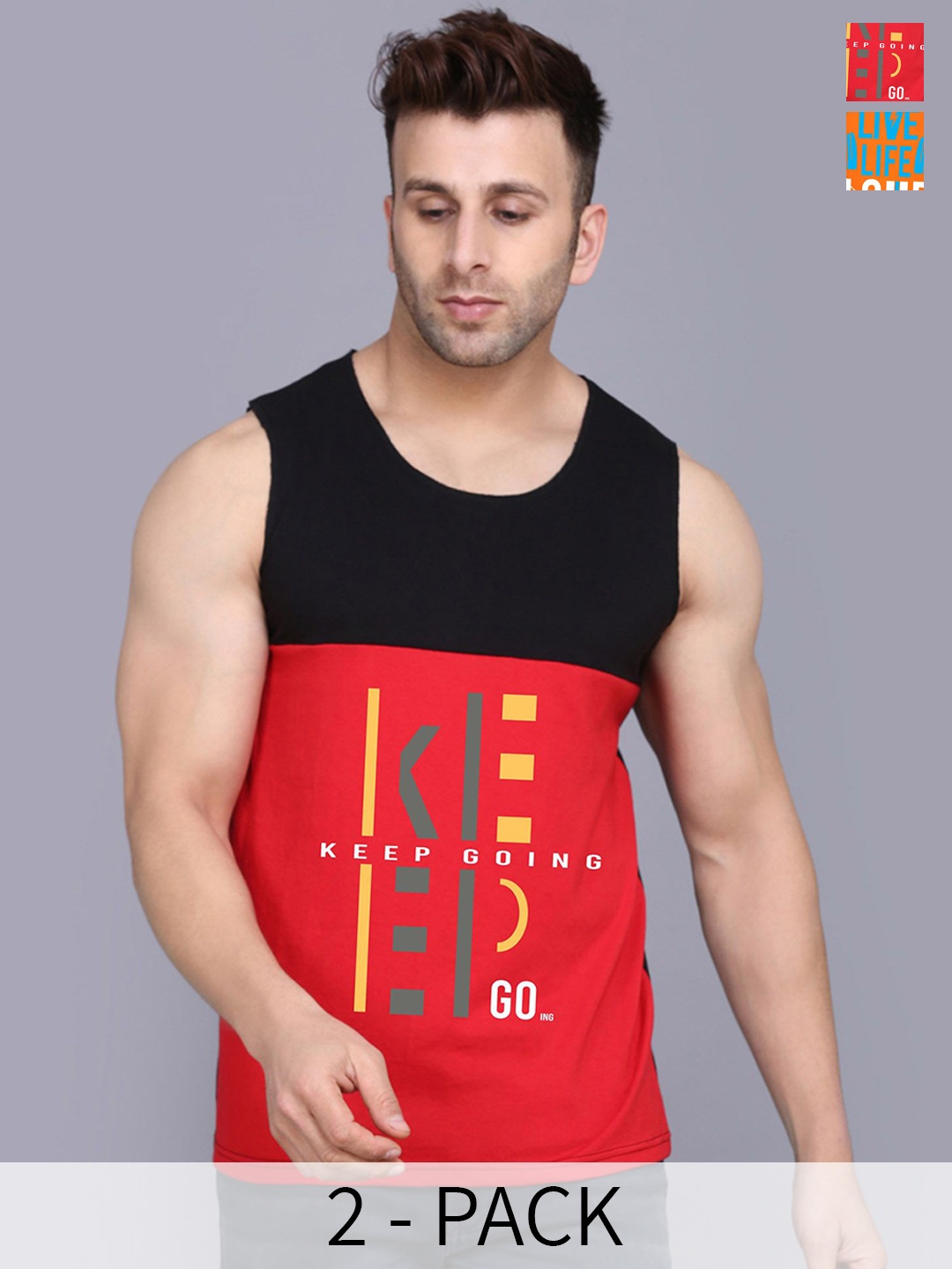 

SLOWLORIS Pack Of 2 Men Printed Cotton Gym Vest, Orange
