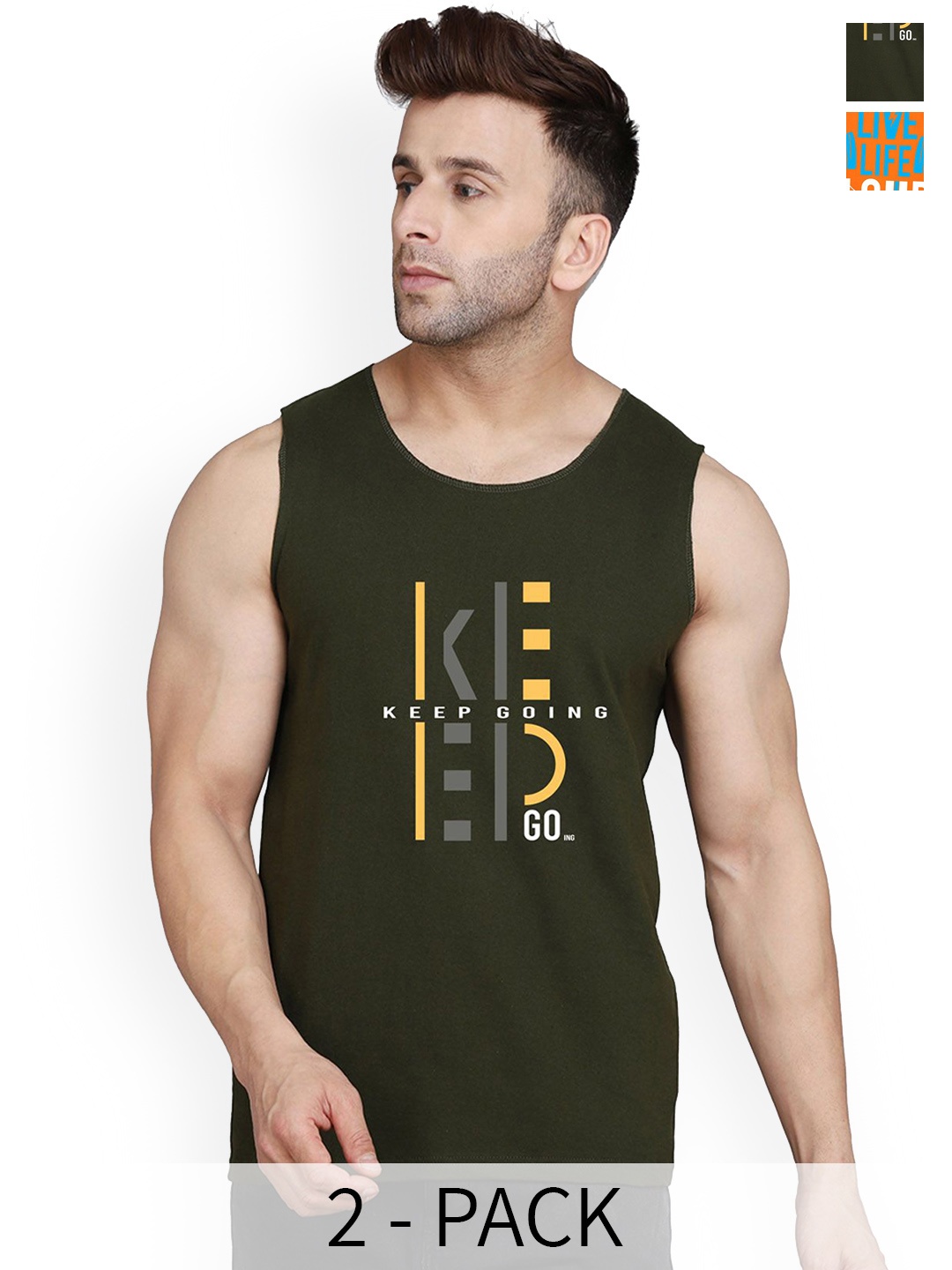 

SLOWLORIS Men Printed Pack Of 2 Cotton Gym Vests SL26 COMBO (LOUD ORANGE) (KEEP OLIVE)