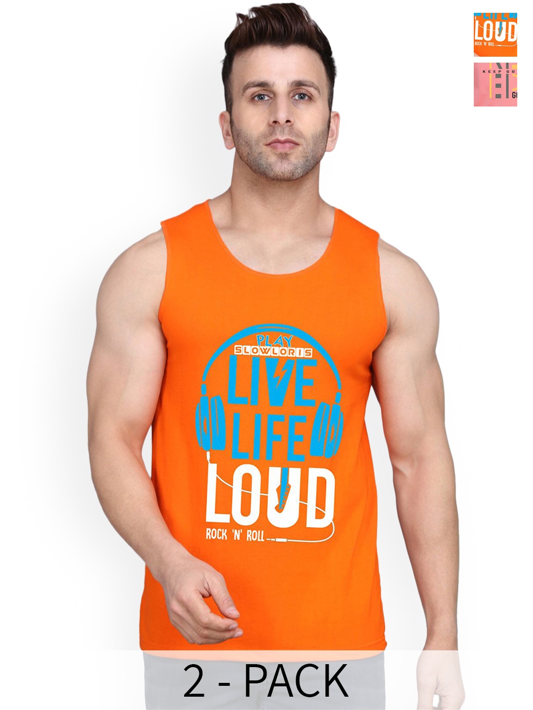 

SLOWLORIS Men Pack Of 2 Printed Cotton Gym Vests- SL26 COMBO (LOUD ORANGE) (KEEP PEACH)