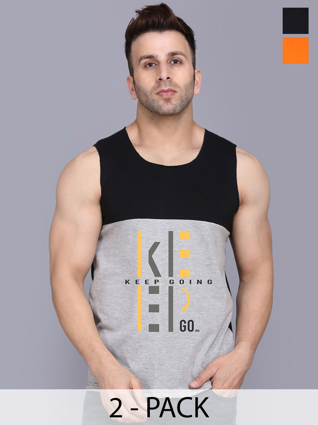 

SLOWLORIS Pack Of 2 Printed Cotton Vests- SL26 COMBO (LOUD ORANGE) (KEEP BLKGRY)