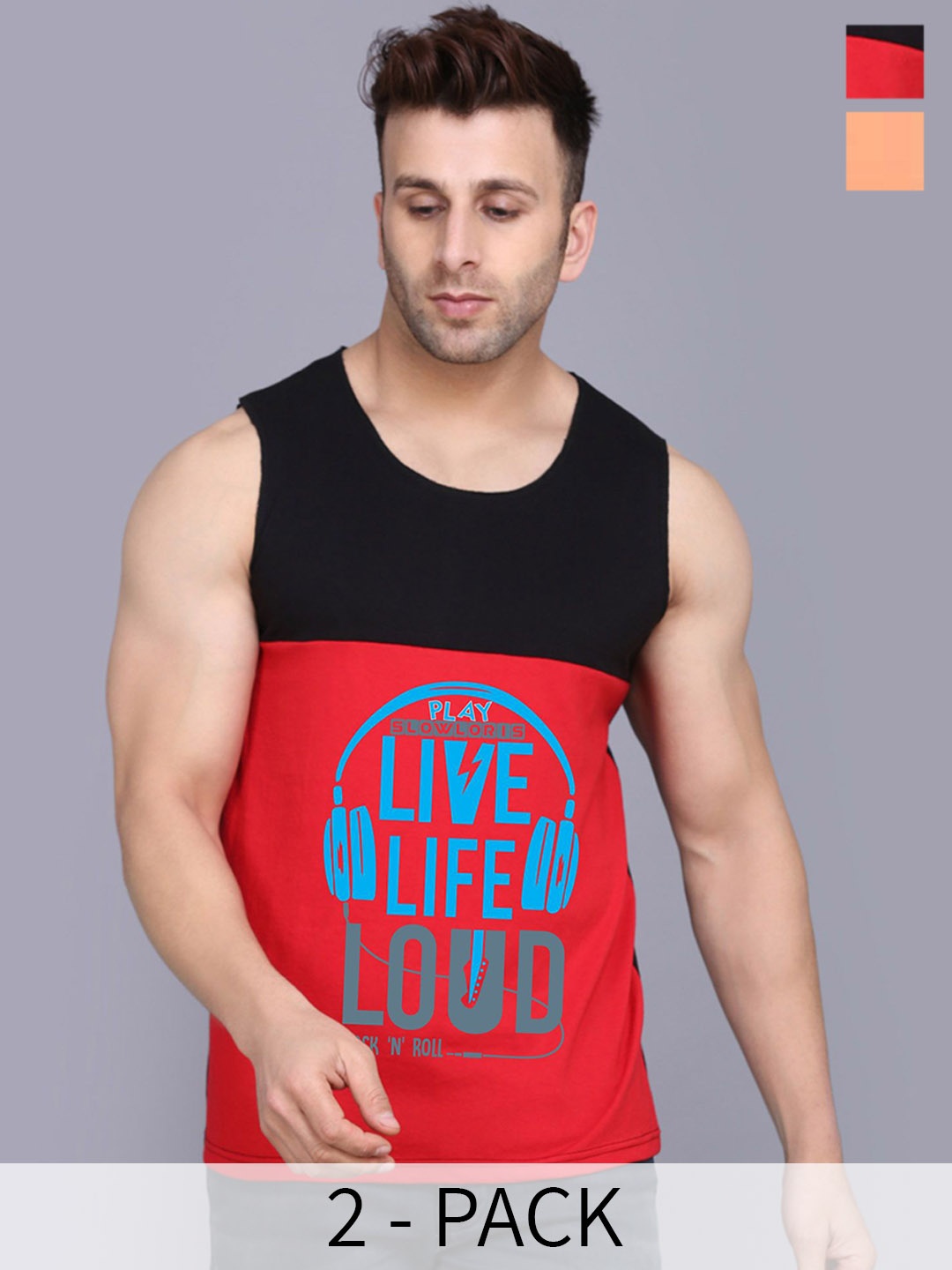 

SLOWLORIS Pack Of 2 Printed Innerwear Vests SL26 COMBO (LOUD BLKRED) (KEEP RUST), Black