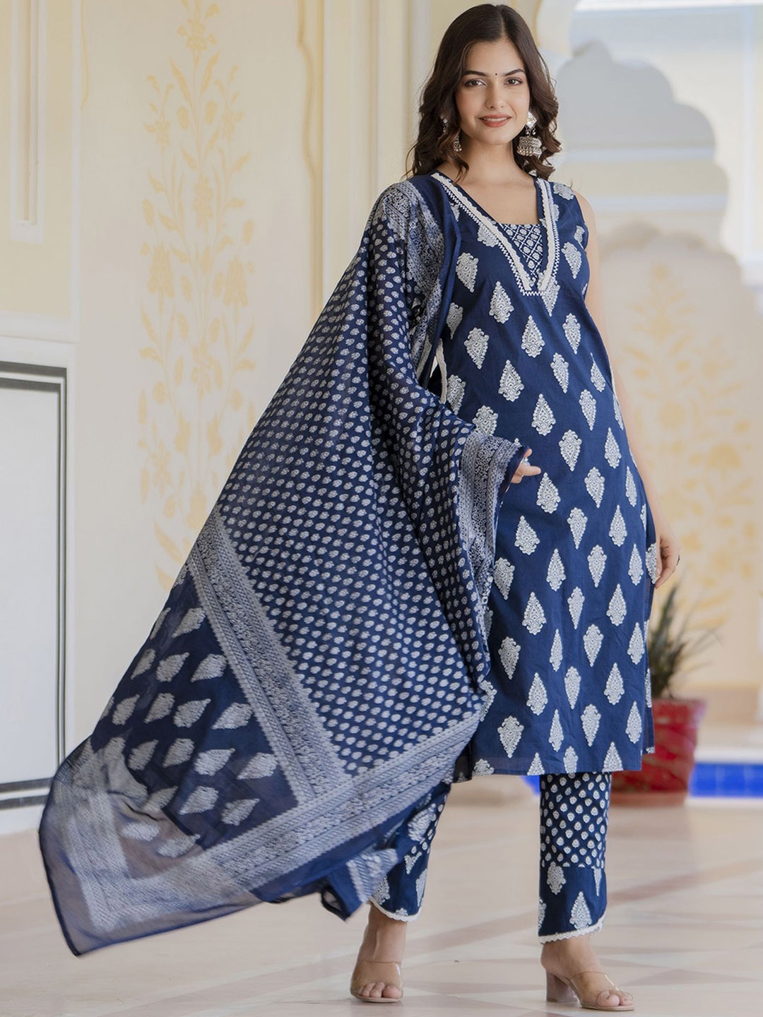 

Anouk Ethnic Motifs Printed Straight Pure Cotton Kurta with Pyjamas & Dupatta, Blue