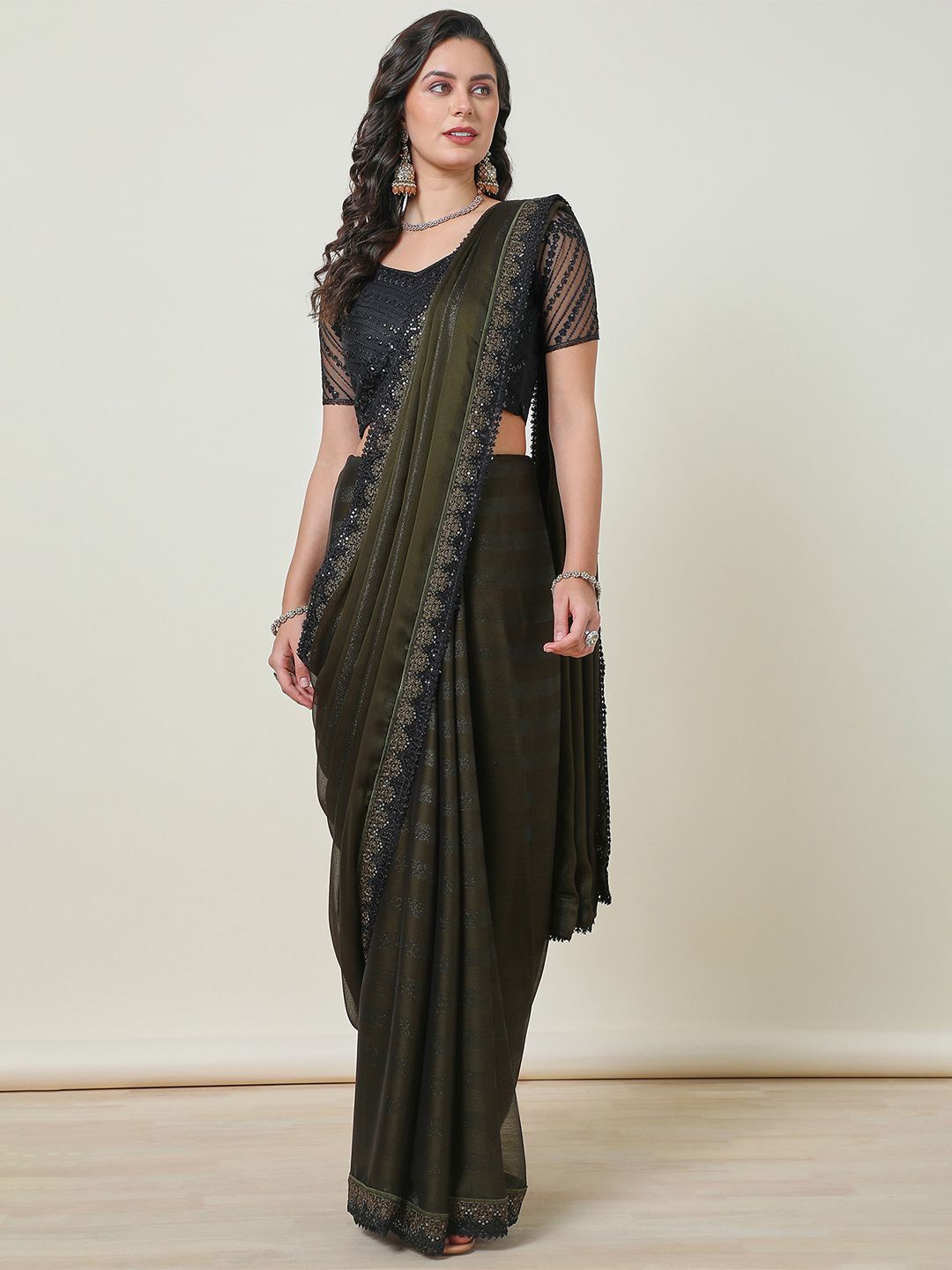 

Soch Striped Embroidered Pure Chiffon Saree, Olive