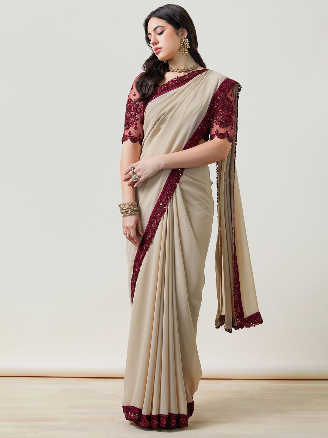 

Soch Sequinned Embroidered Saree With Blouse Piece, Beige