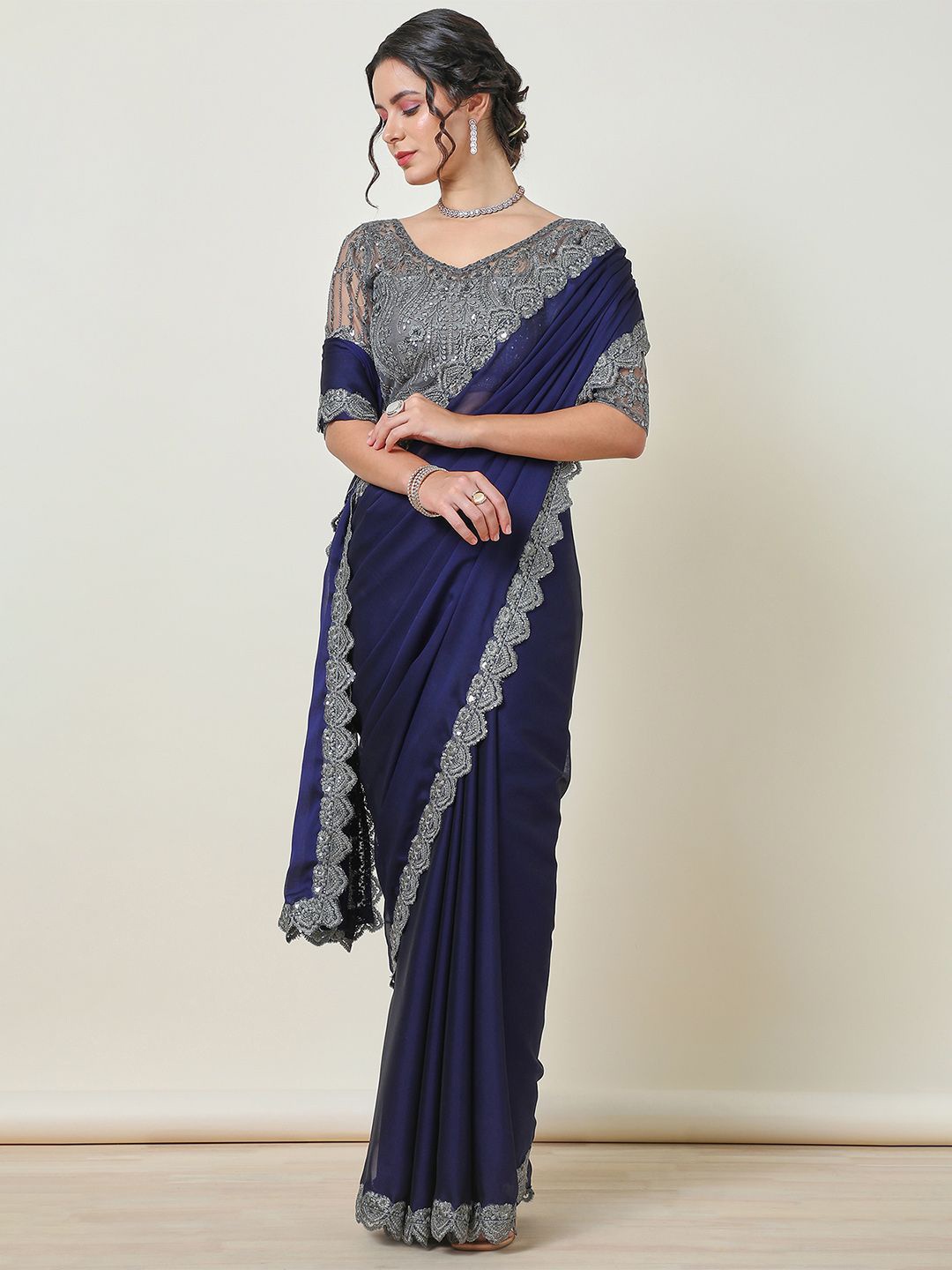 

Soch Women Embroidered Saree, Navy blue
