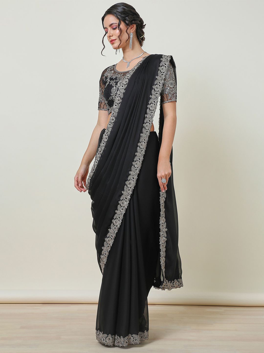 

Soch Zardozi Solid Poly Georgette Saree, Black