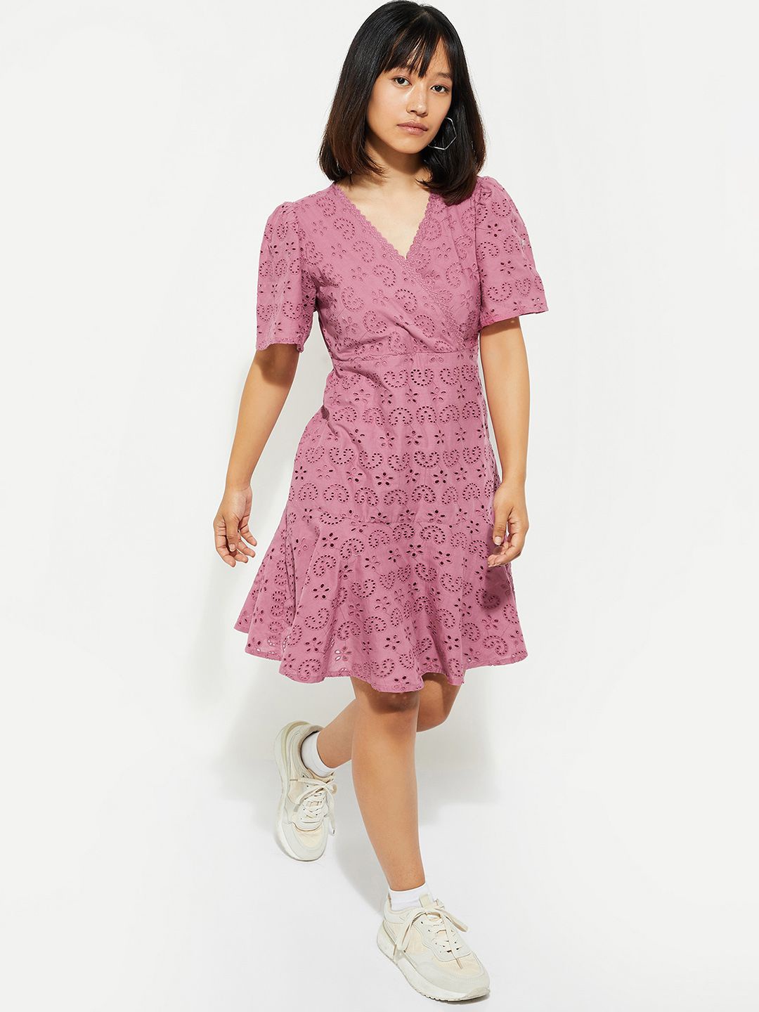 

max URB_N Women Schiffli Tiered Dress, Pink