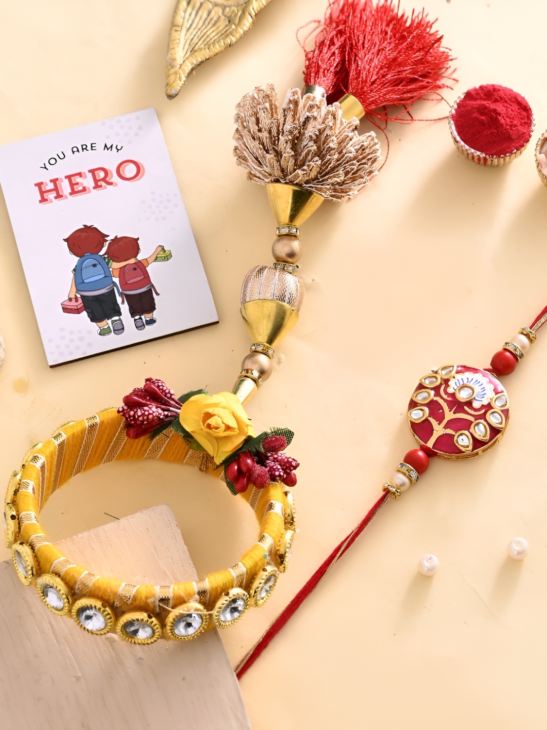 

Ascension Set Of 3 Rakhi With Fridge Magnet & Roli Chwal, Red