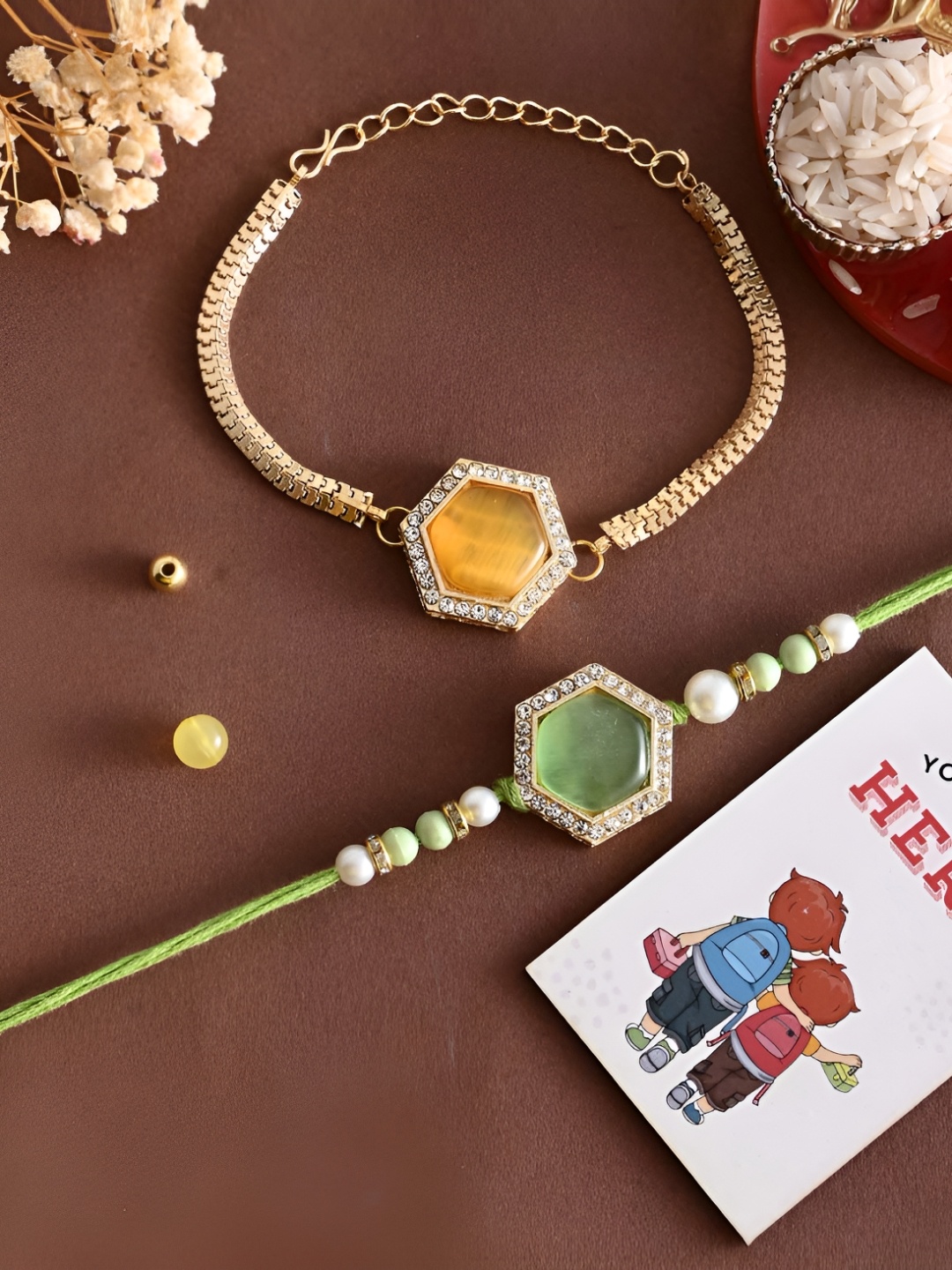 

Ascension Set Of 3 Rakhi With Fridge Magnet & Roli Chwal, Yellow